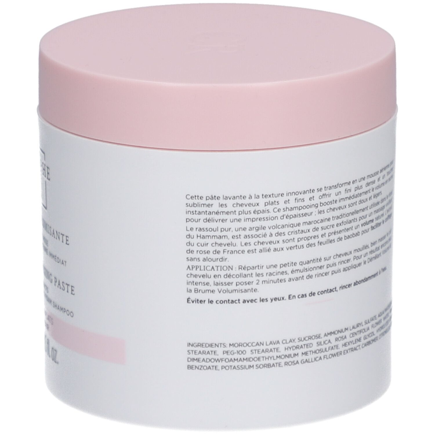 Barattolo rotondo, retro. Testo: Pâte Lavante Volumissante. Cleansing Volumising Paste. Istruzioni per l'uso.
