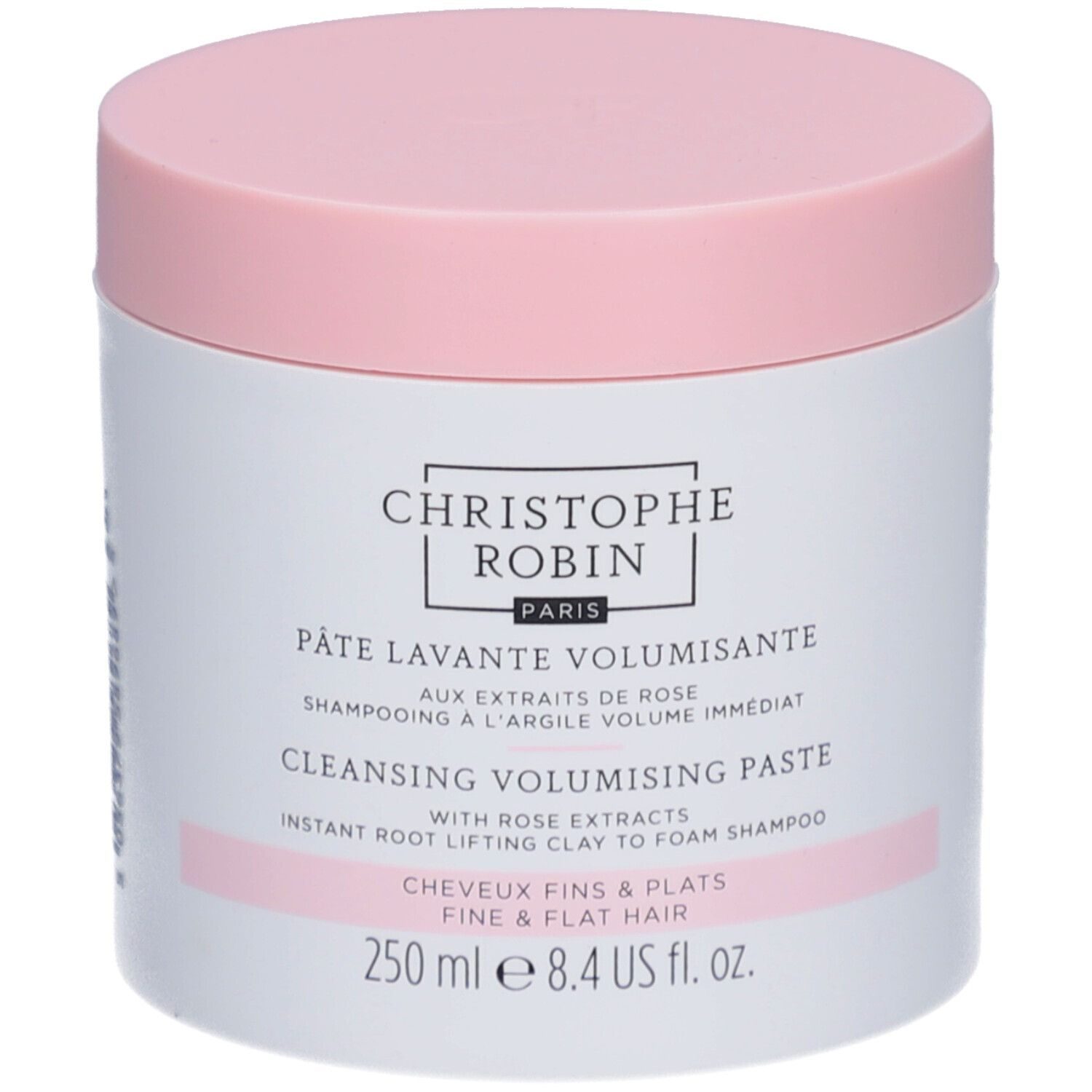 Barattolo rotondo con coperchio rosa. Scritta: Christophe Robin Paris. Pâte Lavante Volumissante. 250 ml.