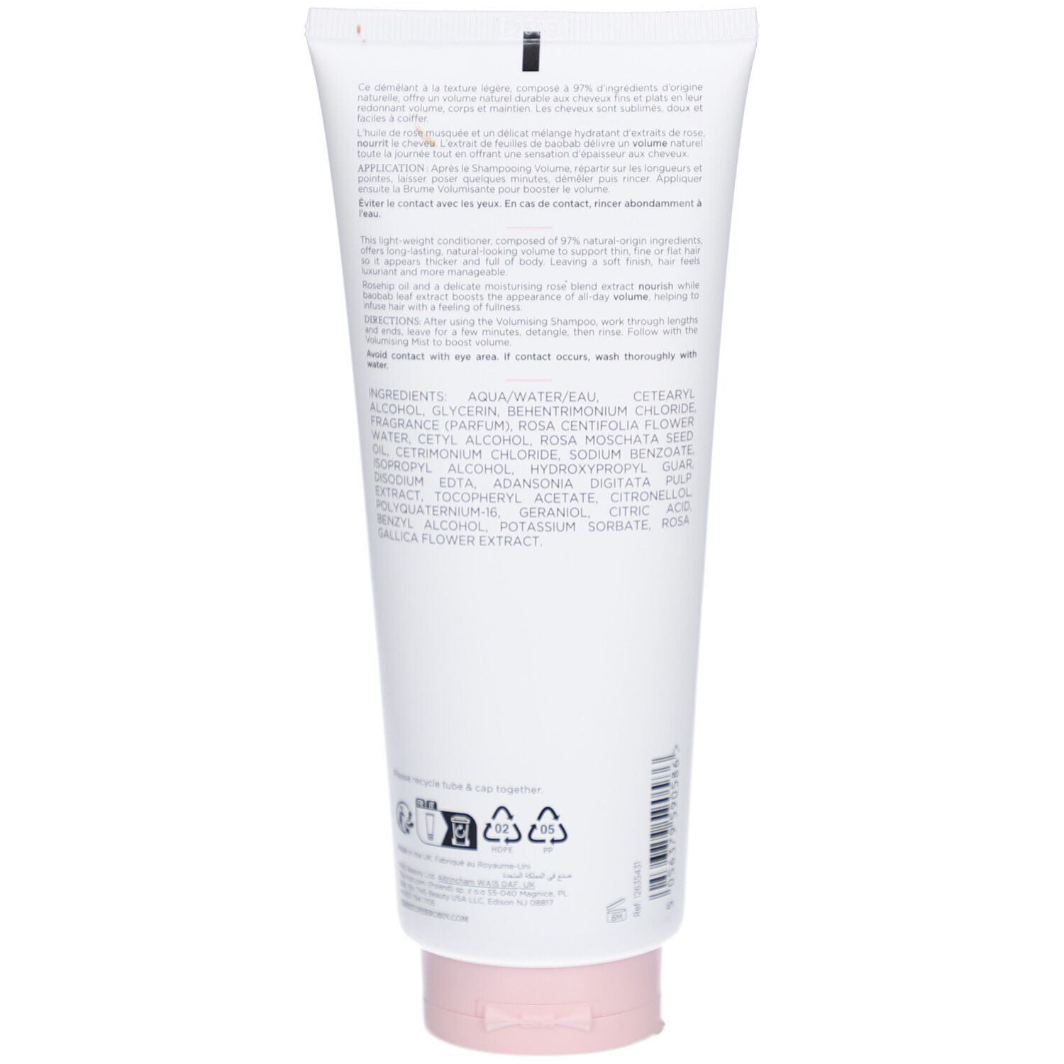 Retro del tubo. Testo e ingredienti. Tubo bianco con tappo rosa. Simboli di riciclaggio.