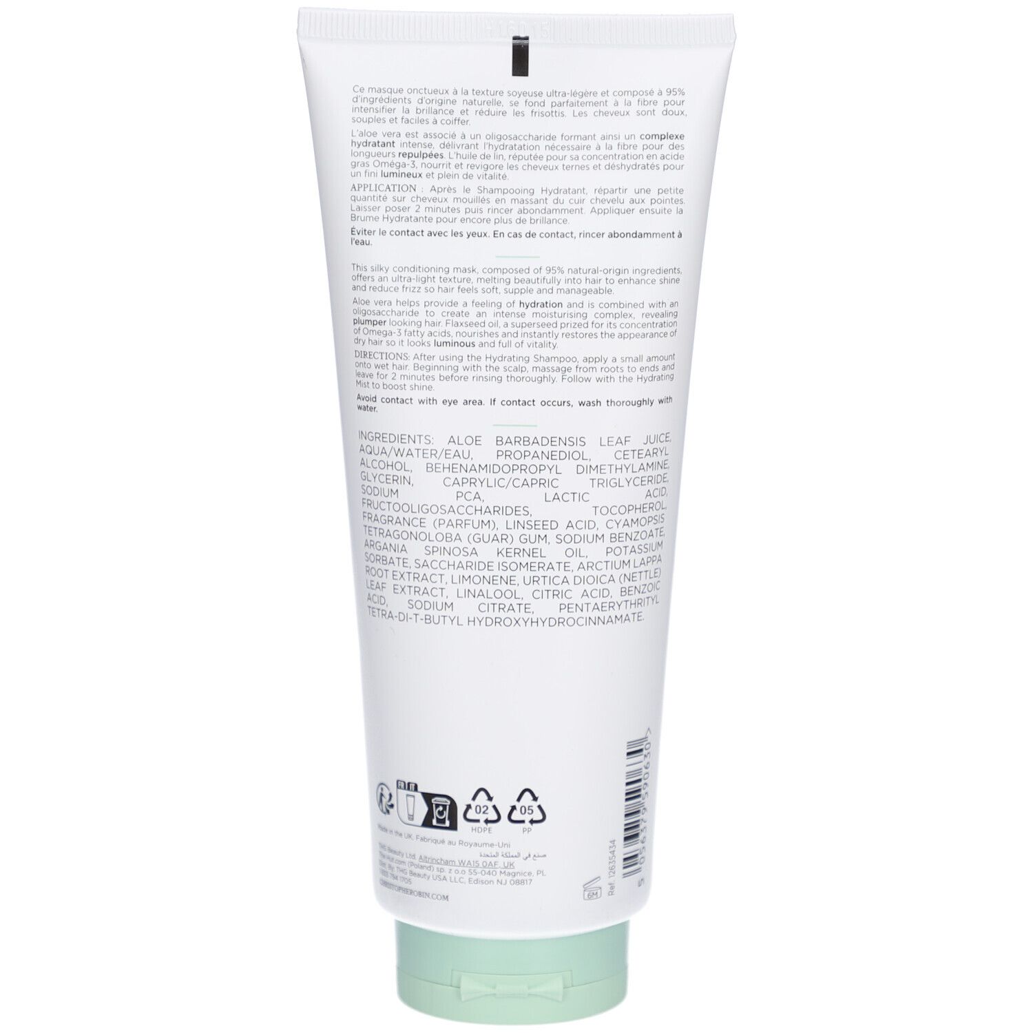 Retro di un tubo bianco con tappo verde. Testo: Ingredienti, istruzioni per l'uso, simboli di riciclaggio.