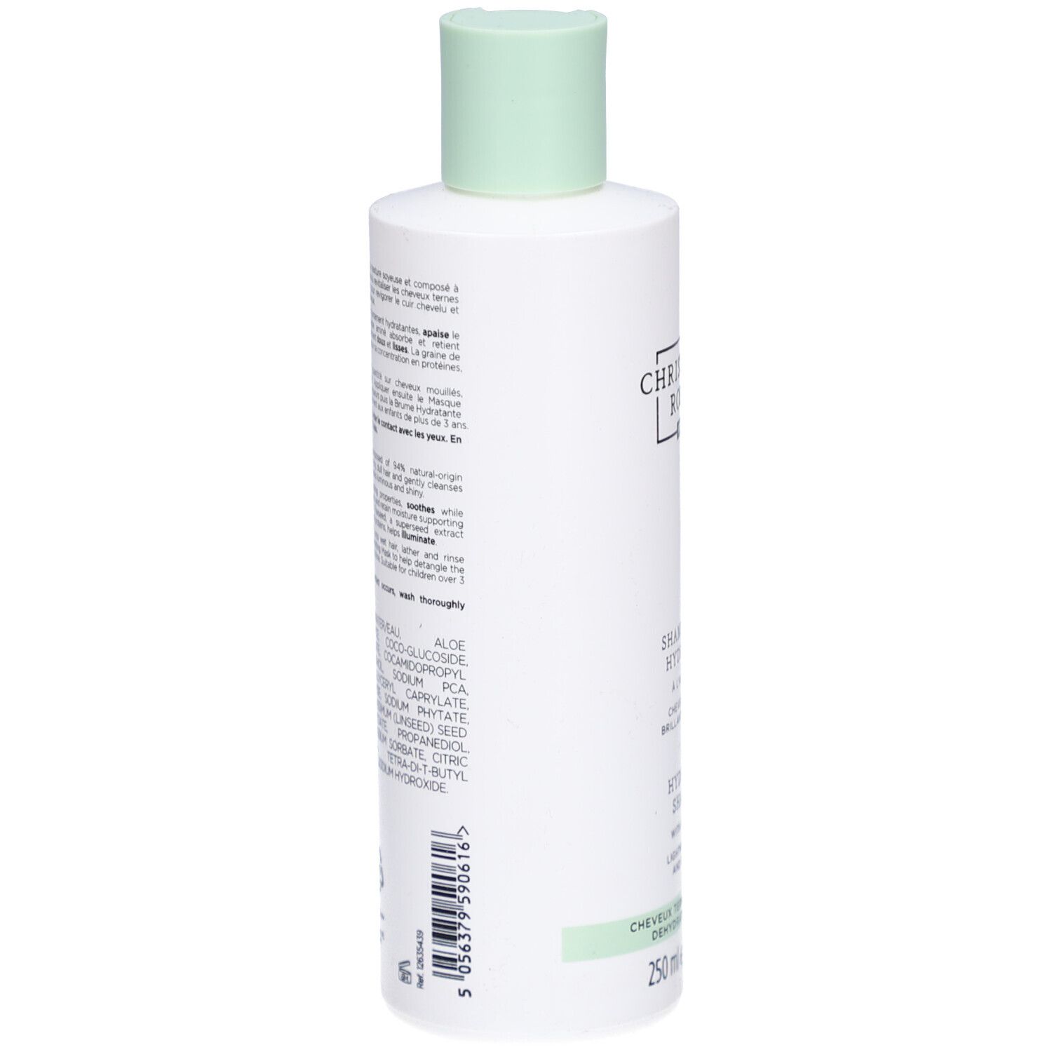 Flacone bianco, tappo verde. Retro con ingredienti e informazioni. 250 ml.
