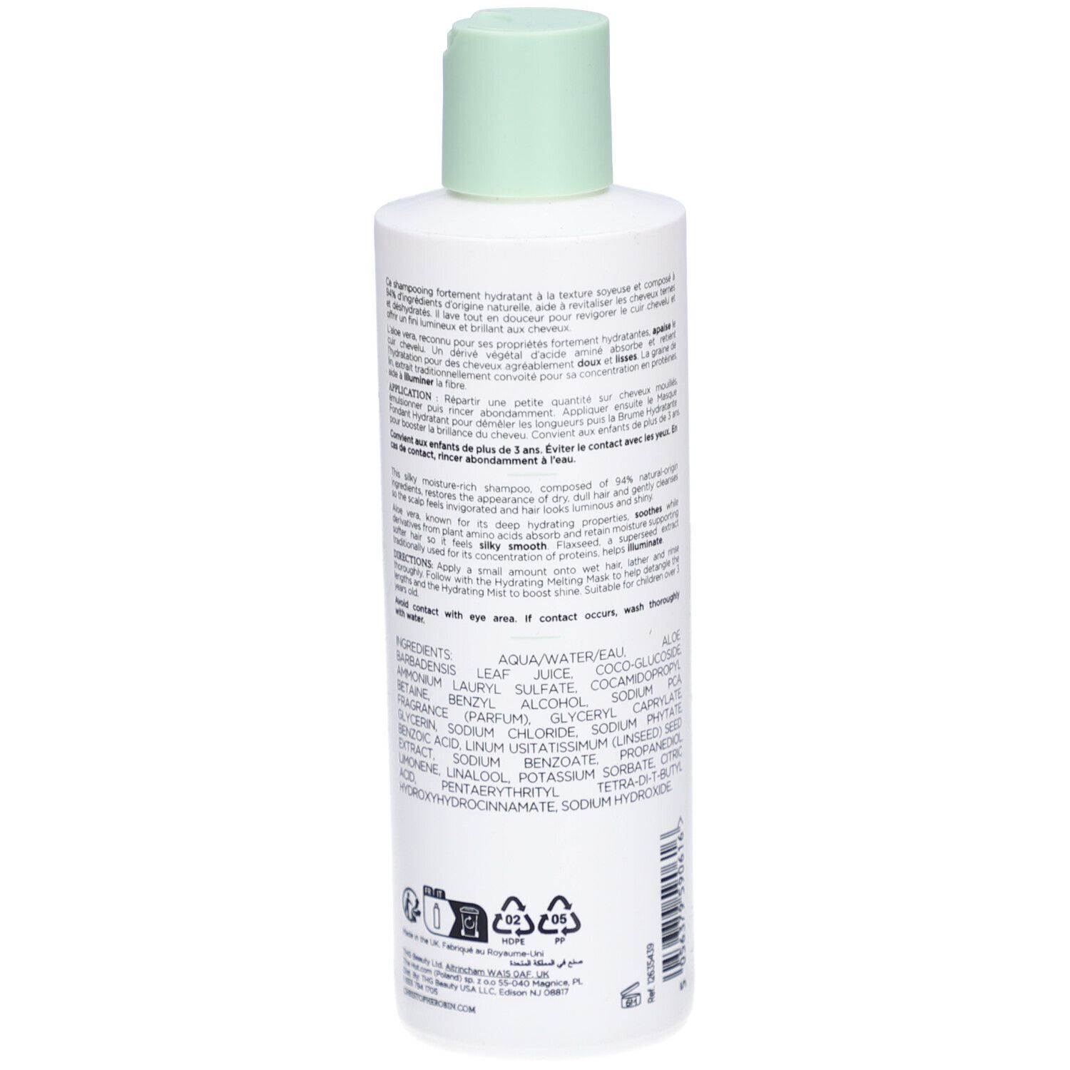 Flacone bianco, tappo verde. Retro con informazioni e ingredienti. 250 ml.