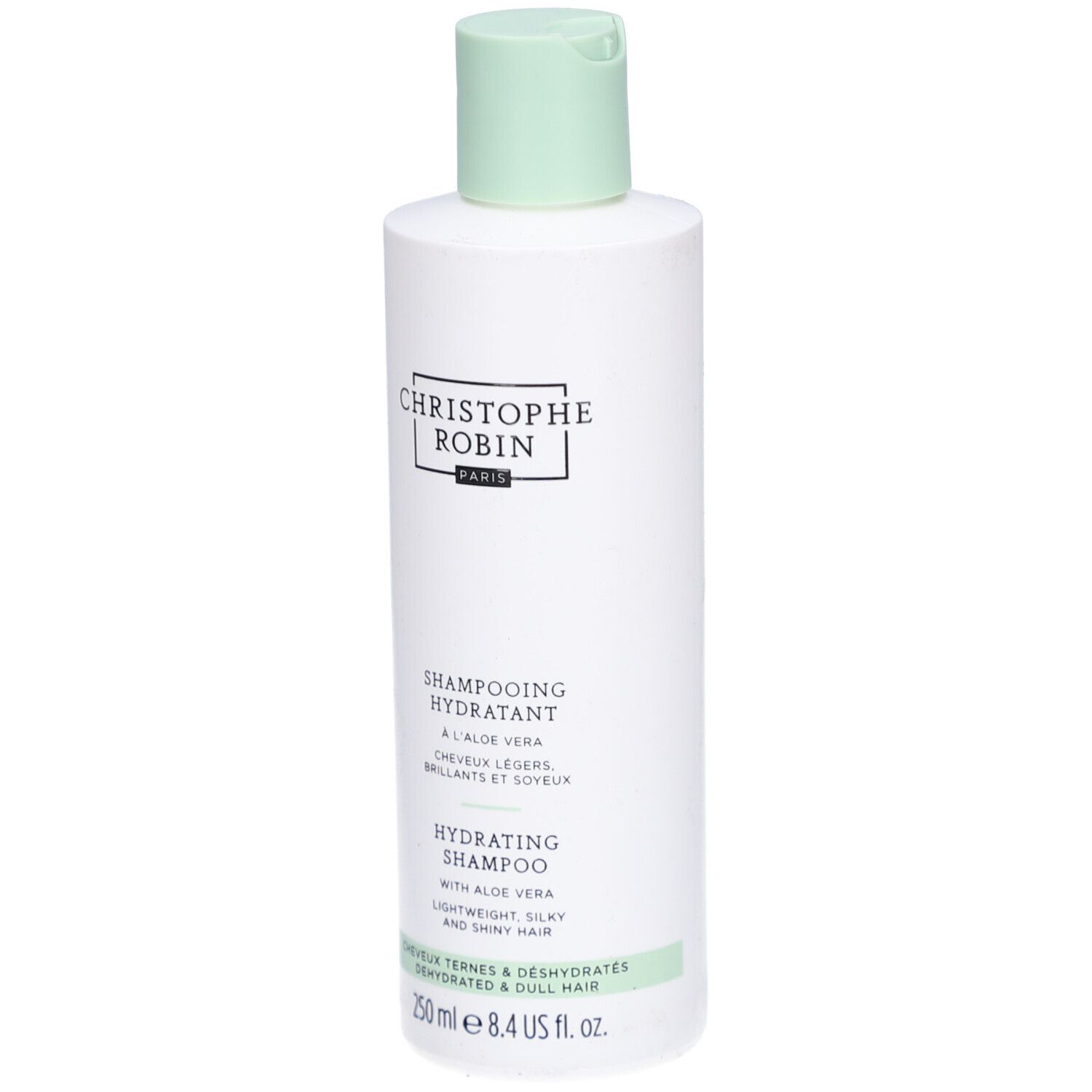 Flacone bianco, tappo verde. Scritta: Christophe Robin, Shampooing Hydratant, Hydrating Shampoo, 250 ml.