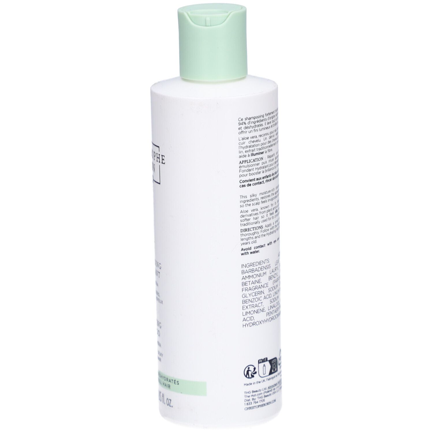 Flacone bianco, tappo verde. Retro con informazioni e ingredienti. 250 ml.