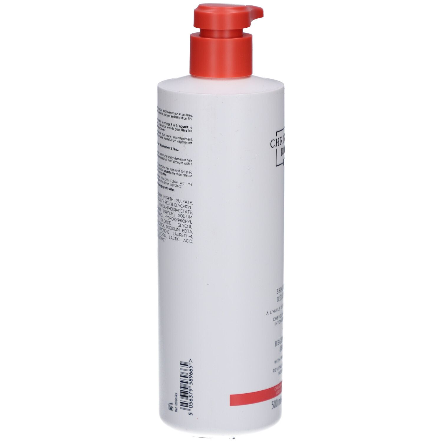 Retro del flacone bianco con testo. Contiene ingredienti e informazioni sul prodotto.