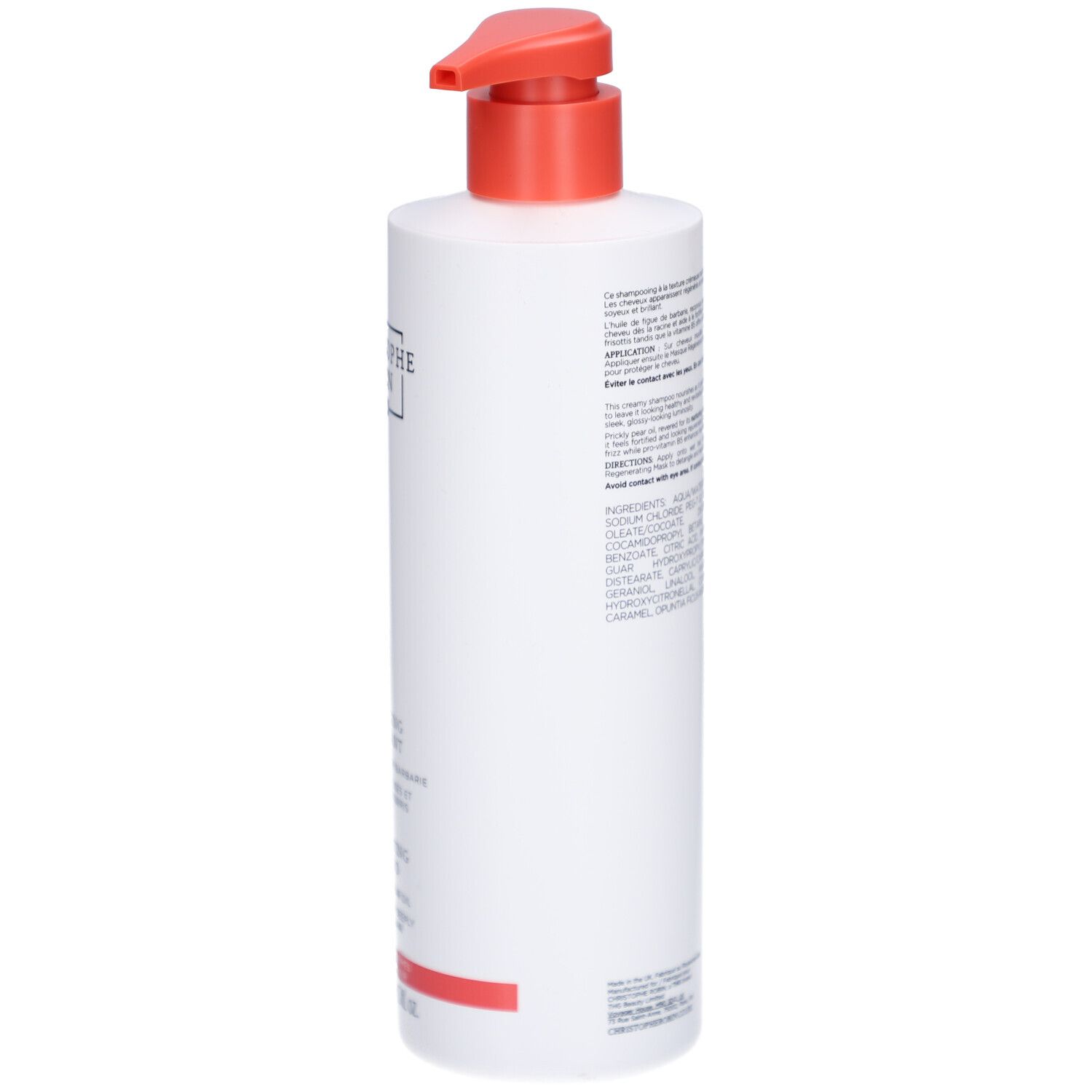 Retro del flacone bianco con testo. Contiene informazioni sul prodotto e gli ingredienti.