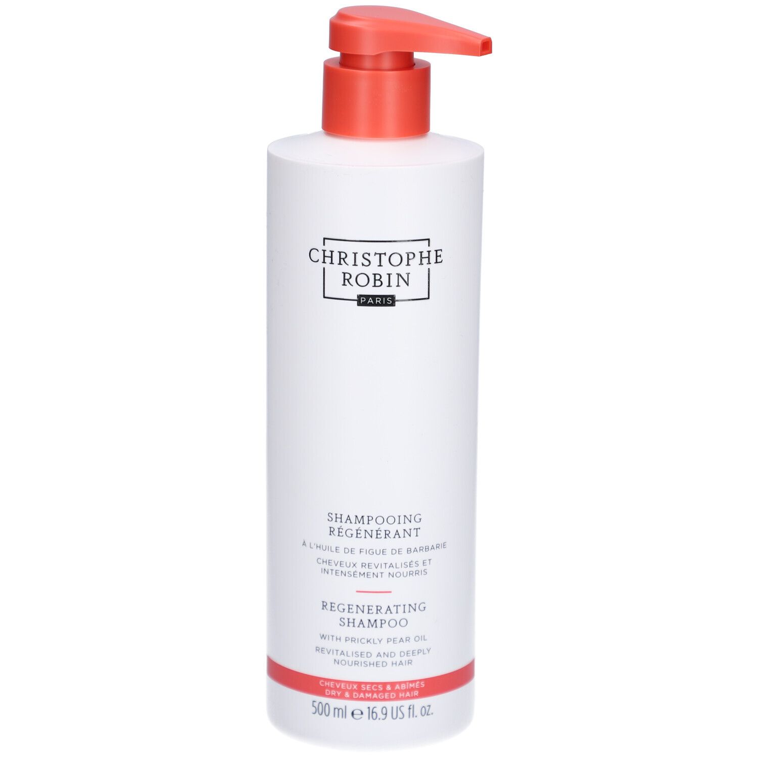 Flacone bianco con dosatore rosso. Testo: CHRISTOPHE ROBIN PARIS, SHAMPOOING RÉGÉNÉRANT, REGENERATING SHAMPOO.