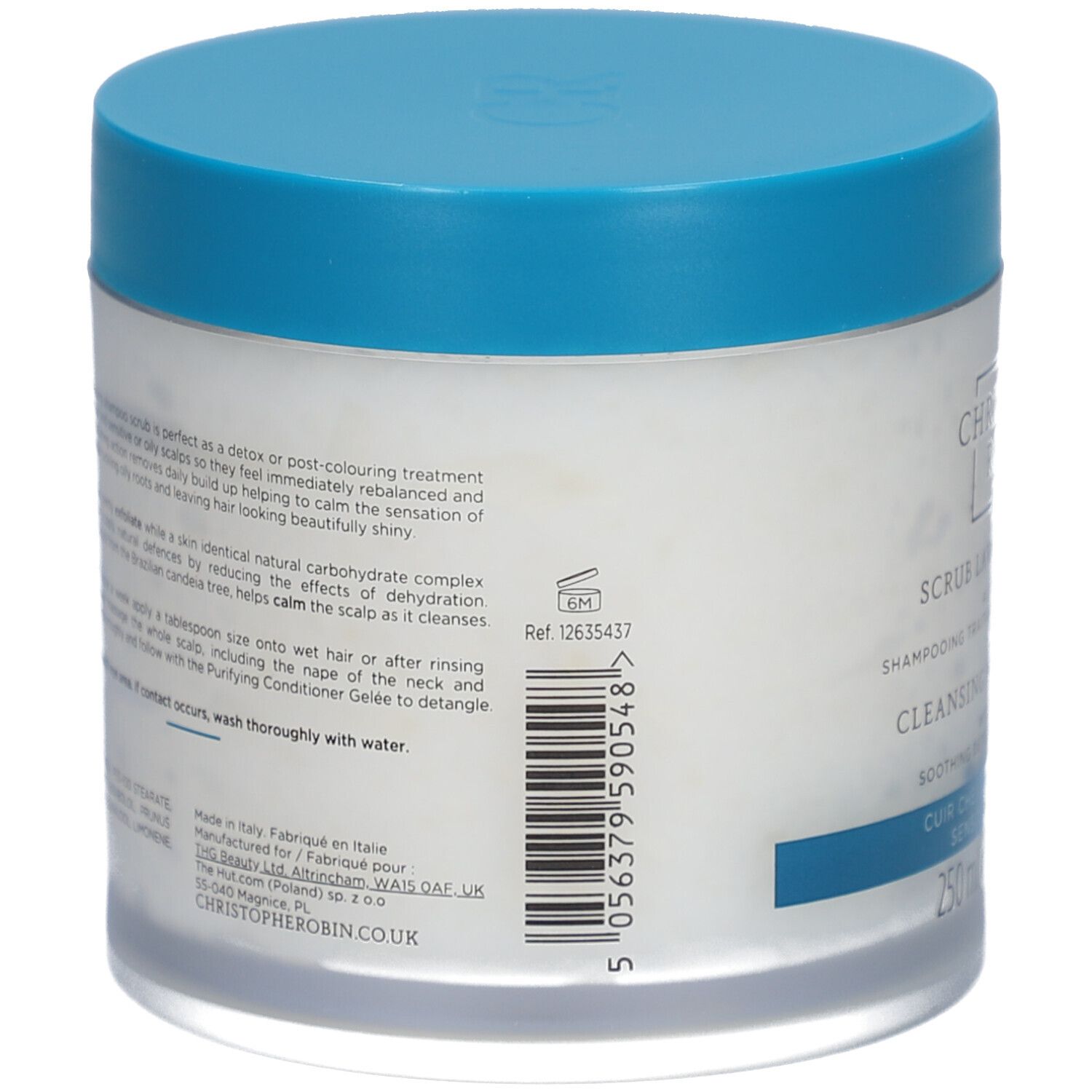 Retro del barattolo. Testo: istruzioni per l'uso, ingredienti, informazioni sul produttore e codice a barre.