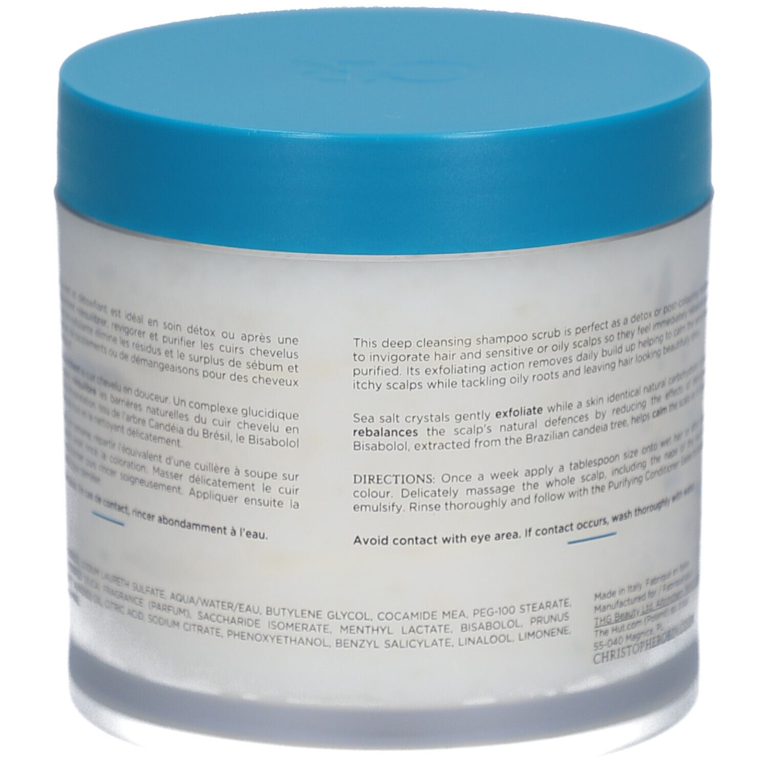 Retro del barattolo. Testo: istruzioni per l'uso, ingredienti, informazioni sul produttore.