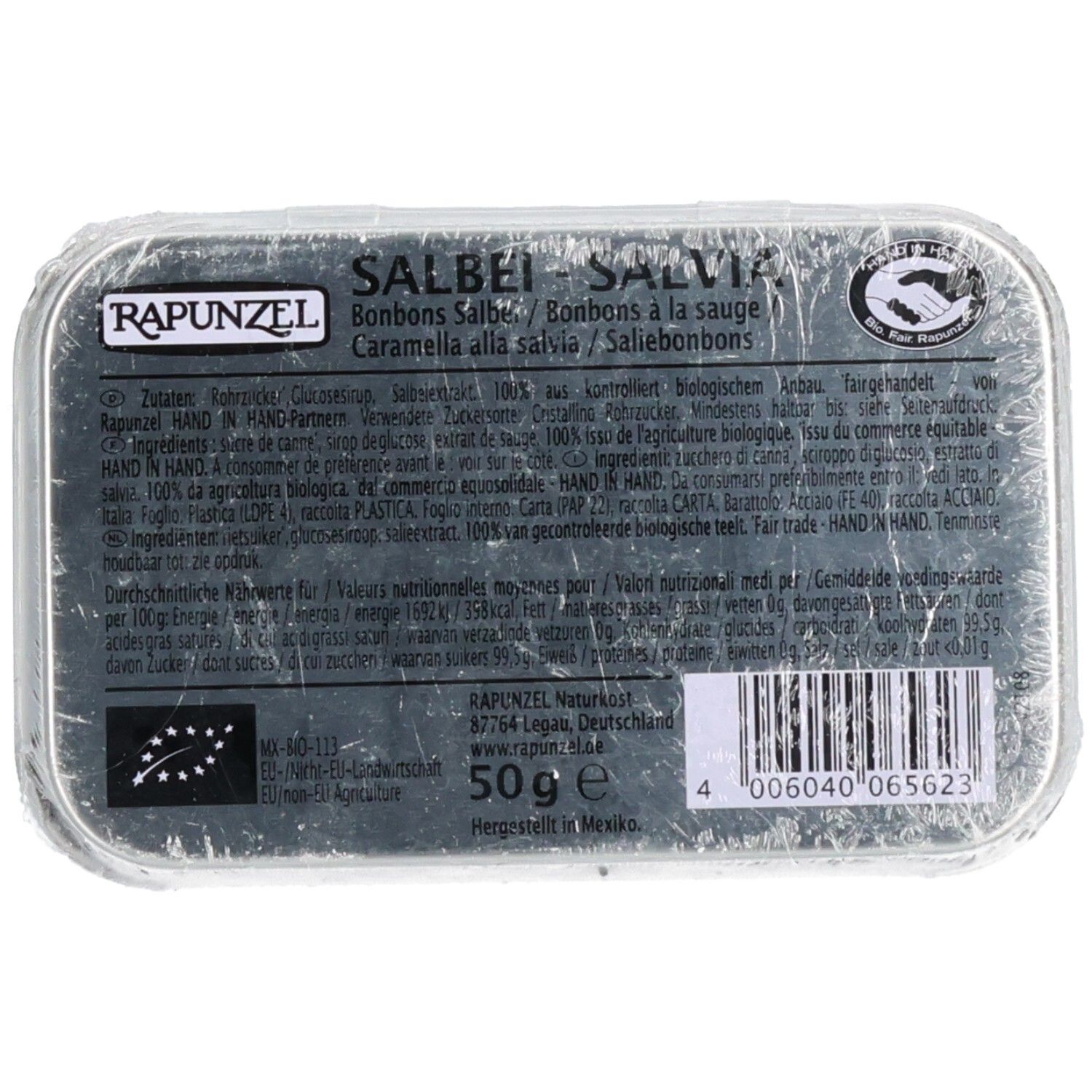 Scatola con logo "Rapunzel" e "Salbei Salvia". Testo multilingue. Indicazione 50g. Codice a barre.