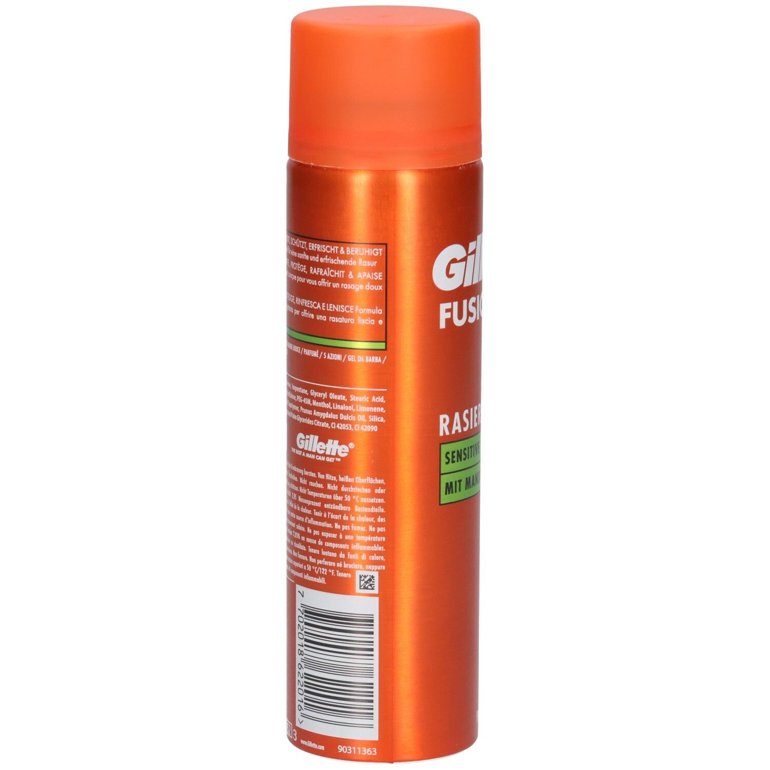 Bomboletta spray arancione con tappo arancione. Retro con testo e codice a barre. Marchio: Gillette.