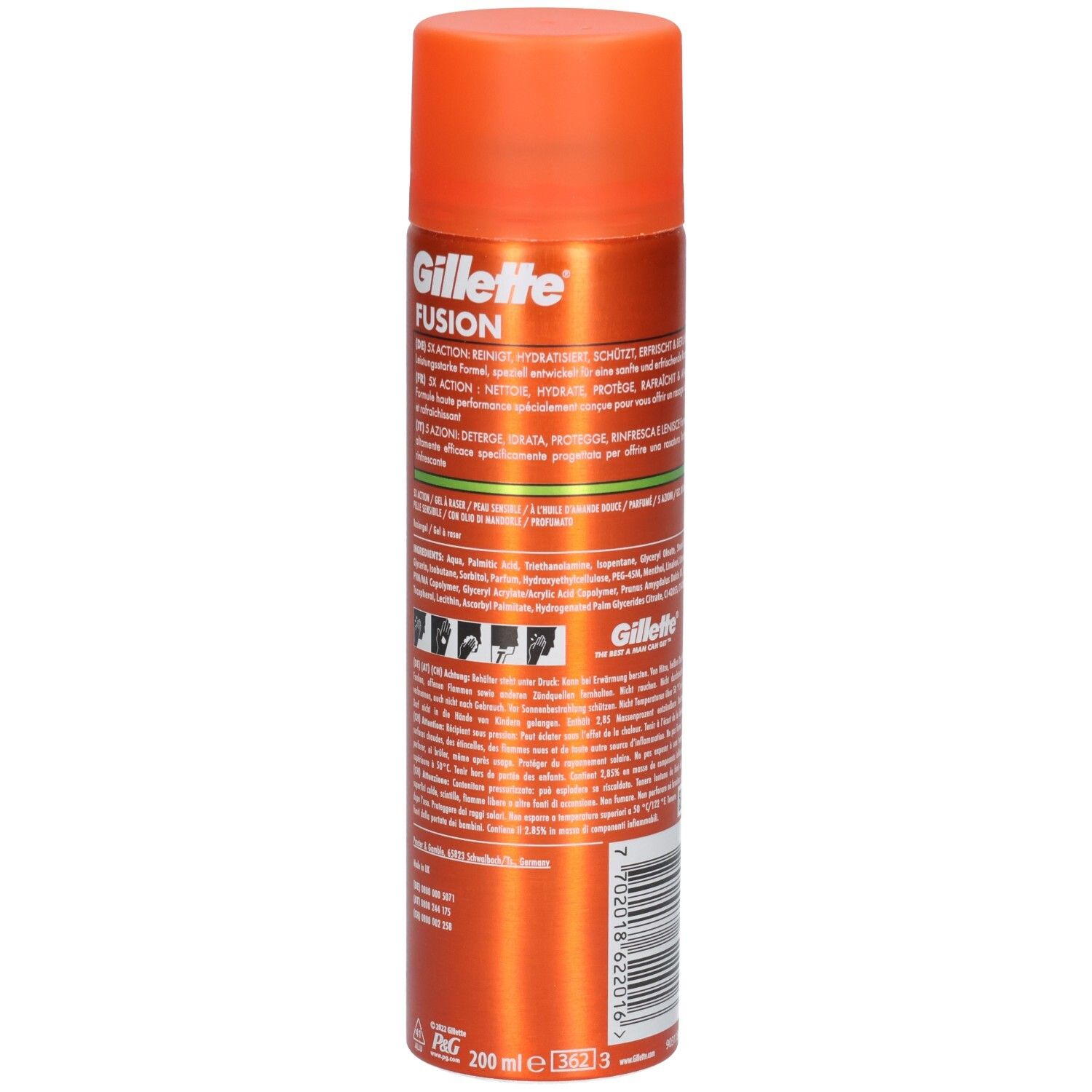 Bomboletta spray arancione con tappo arancione. Retro con testo. Marchio: Gillette. Volume: 200 ml.