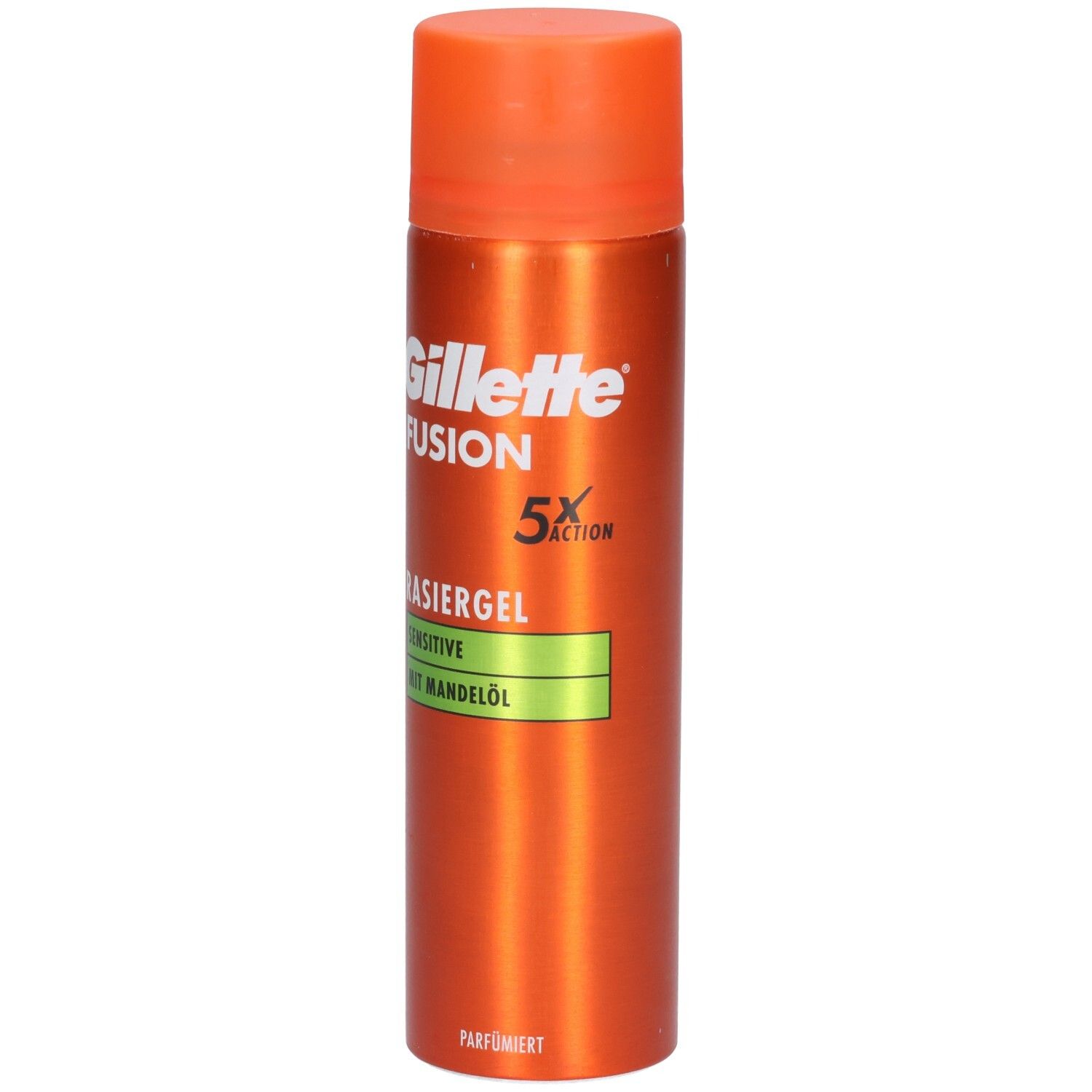 Bomboletta spray arancione con tappo arancione. Scritta: Gillette Fusion5 Rasiergel Sensitive mit Mandelöl.