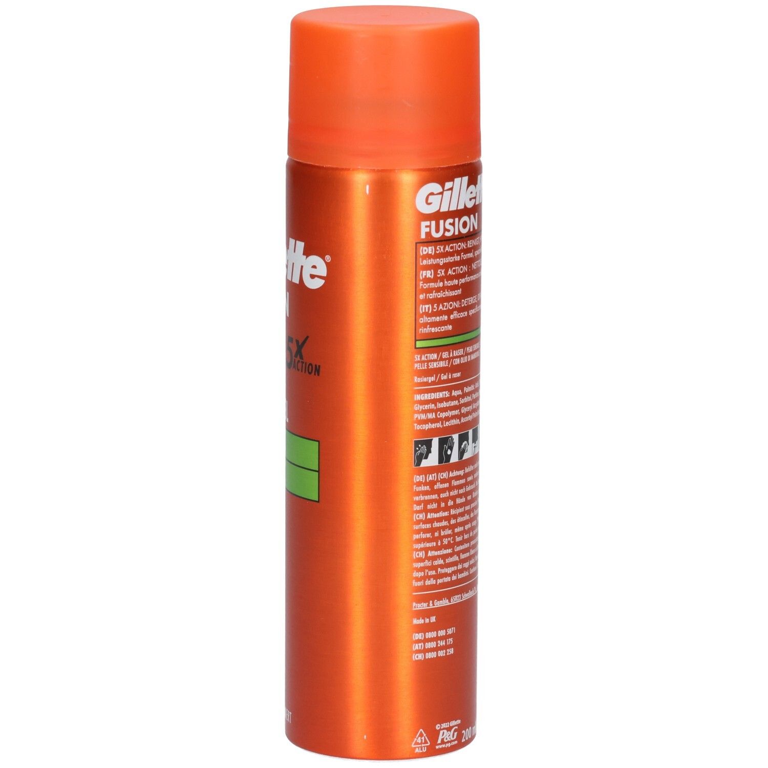 Bomboletta spray arancione con tappo arancione. Retro con testo. Marchio: Gillette.