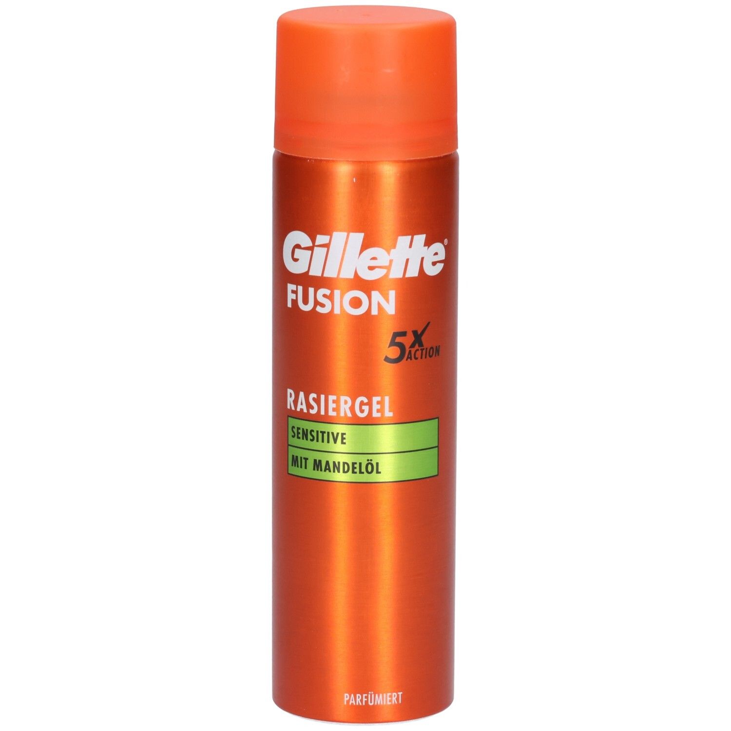 Bomboletta spray arancione con tappo arancione. Scritta: Gillette Fusion5 Rasiergel Sensitive mit Mandelöl.