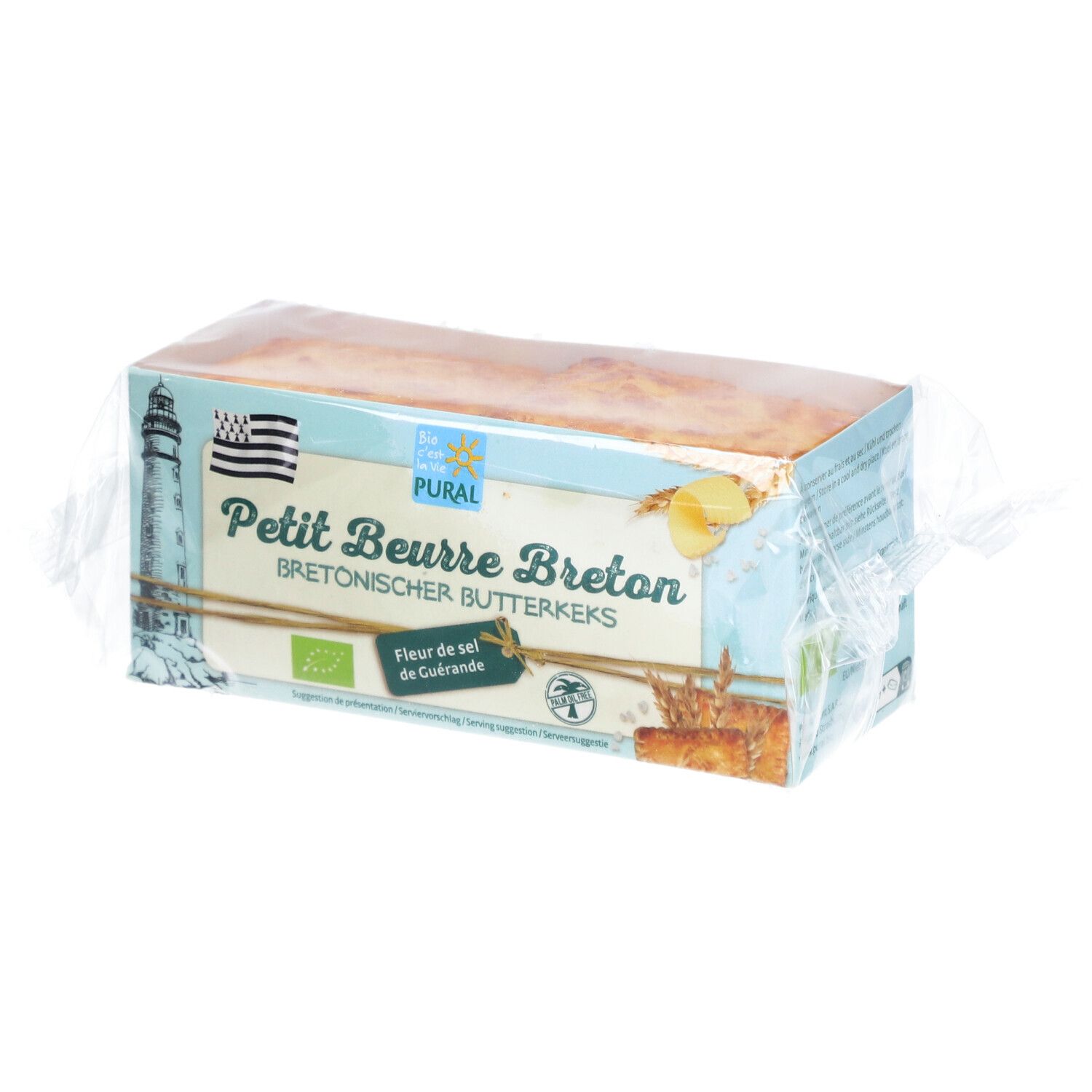 Confezione di biscotti al burro. Scritta: Petit Beurre Breton, Bretonischer Butterkeks. Con loghi e sigilli.