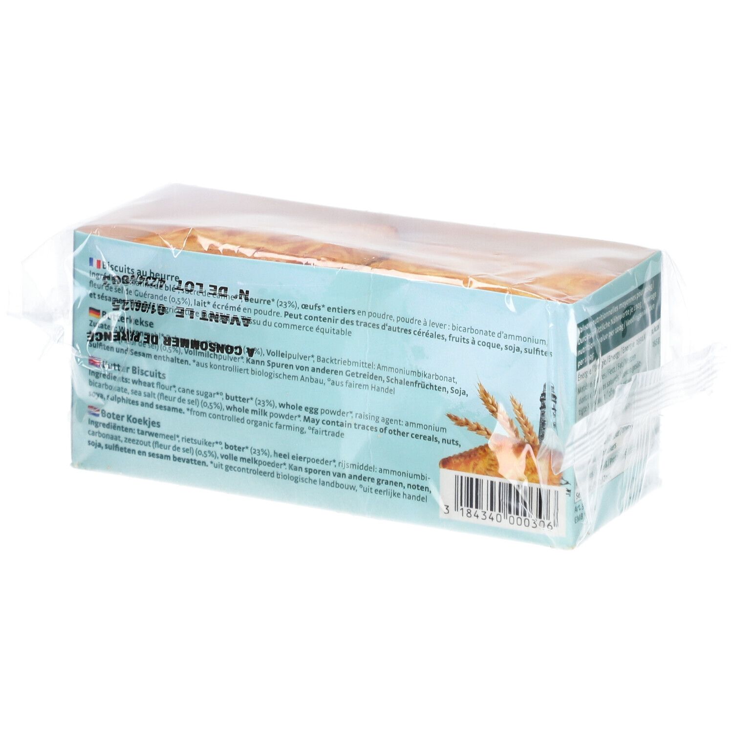 Retro della confezione di biscotti al burro. Elenco ingredienti e informazioni nutrizionali. Scritta: Petit Beurre Breton.