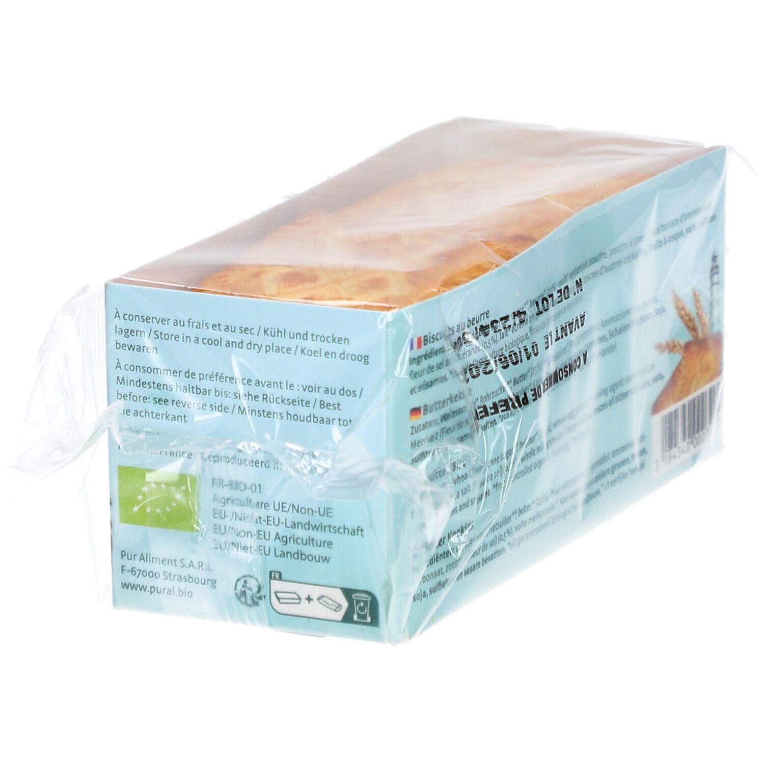 Confezione di biscotti al burro. Scritta: Da consumare preferibilmente entro. Sigilli e loghi. Scritta: Petit Beurre Breton.