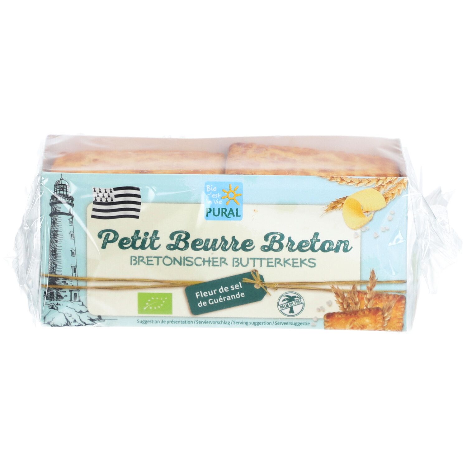 Confezione di biscotti al burro. Scritta: Petit Beurre Breton, Bretonischer Butterkeks. Con loghi e sigilli.