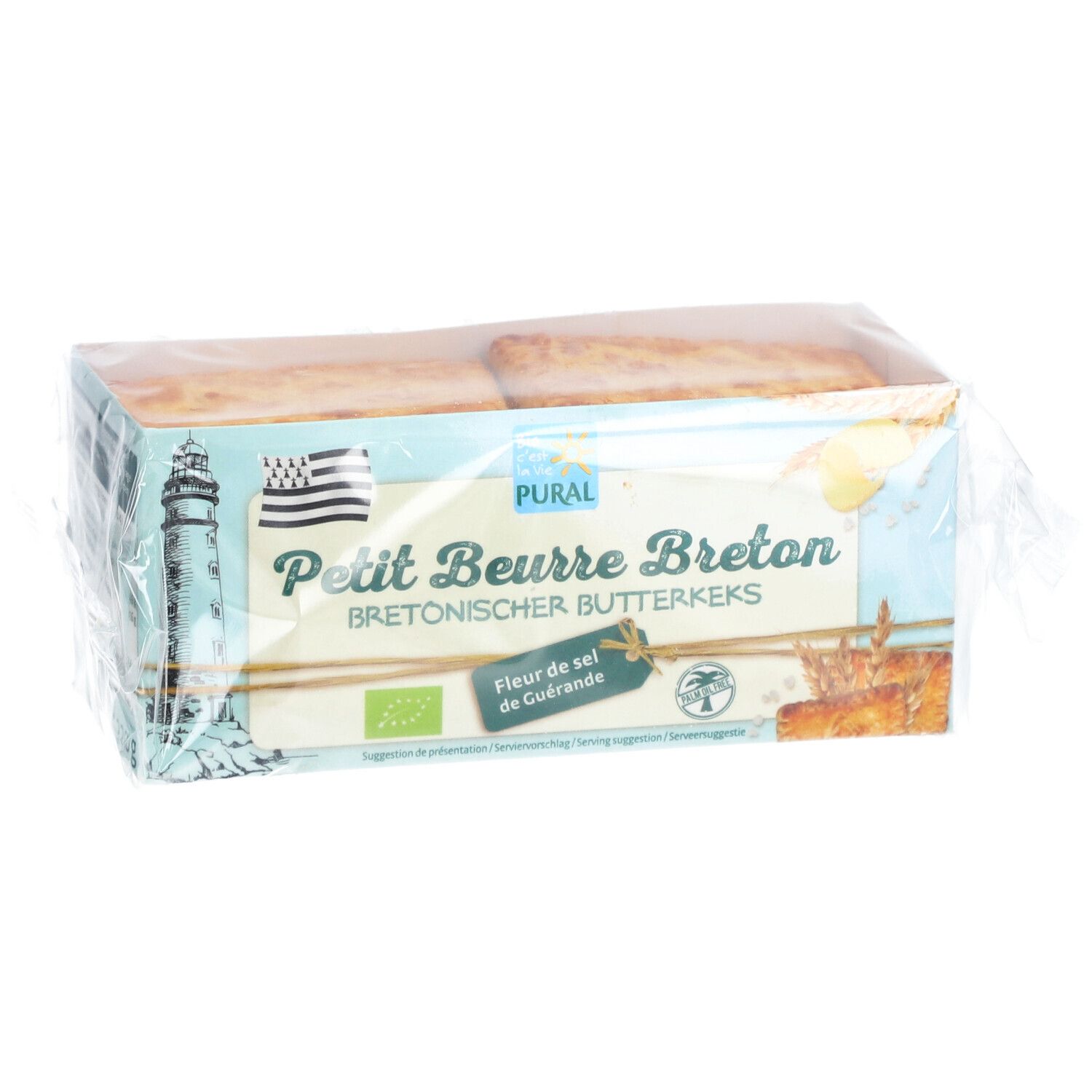 Confezione di biscotti al burro. Scritta: Petit Beurre Breton, Bretonischer Butterkeks. Con loghi e sigilli.