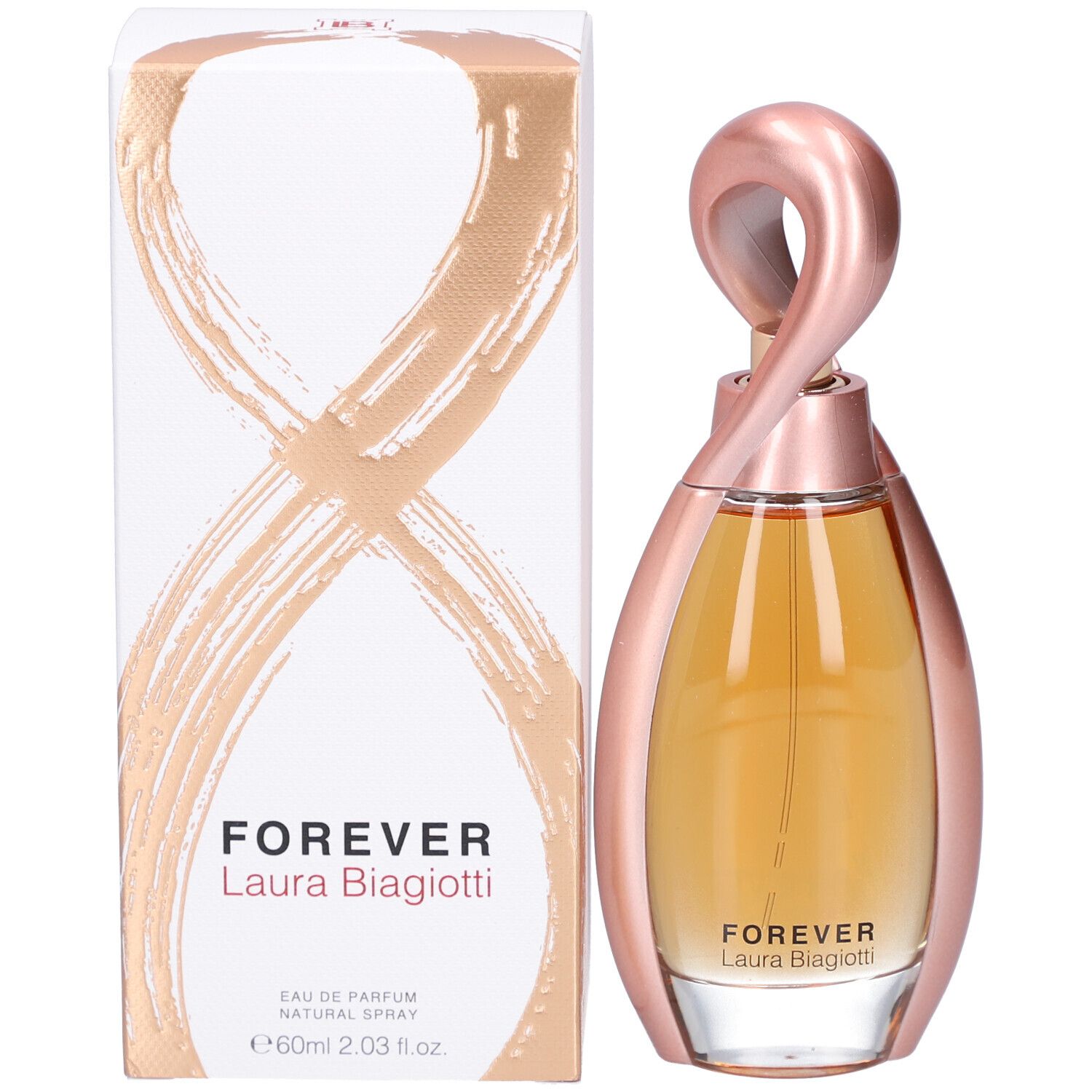 Flacone di profumo con cornice metallica rosa e contenuto dorato. Sulla confezione è scritto "FOREVER Laura Biagiotti".