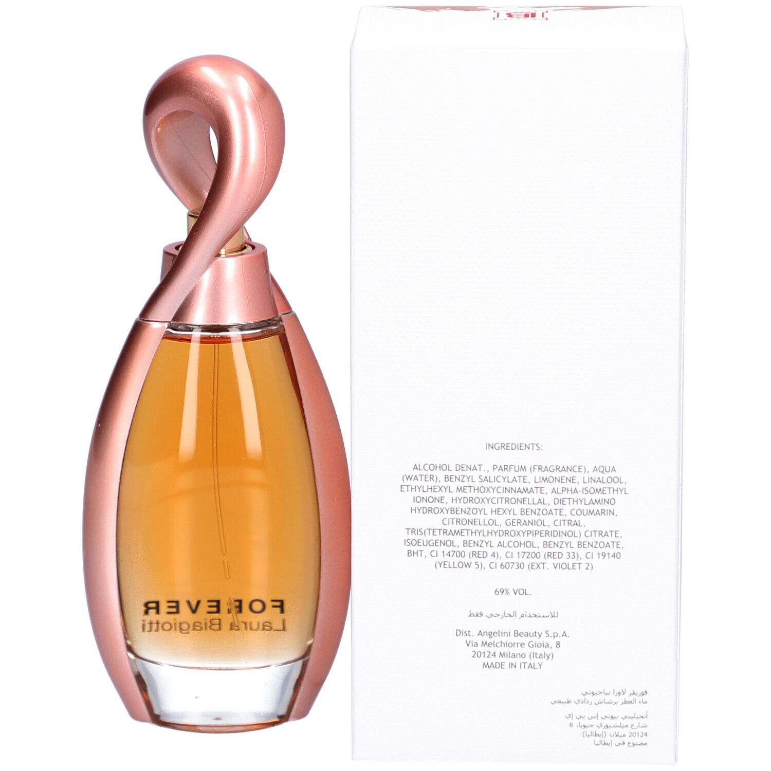 Flacone di profumo con cornice metallica rosa e contenuto dorato. Sulla confezione è scritto "FOREVER Laura Biagiotti".