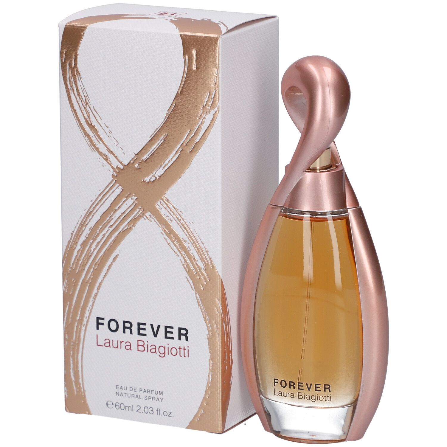 Flacone di profumo con cornice metallica rosa e contenuto dorato. Sulla confezione è scritto "FOREVER Laura Biagiotti".
