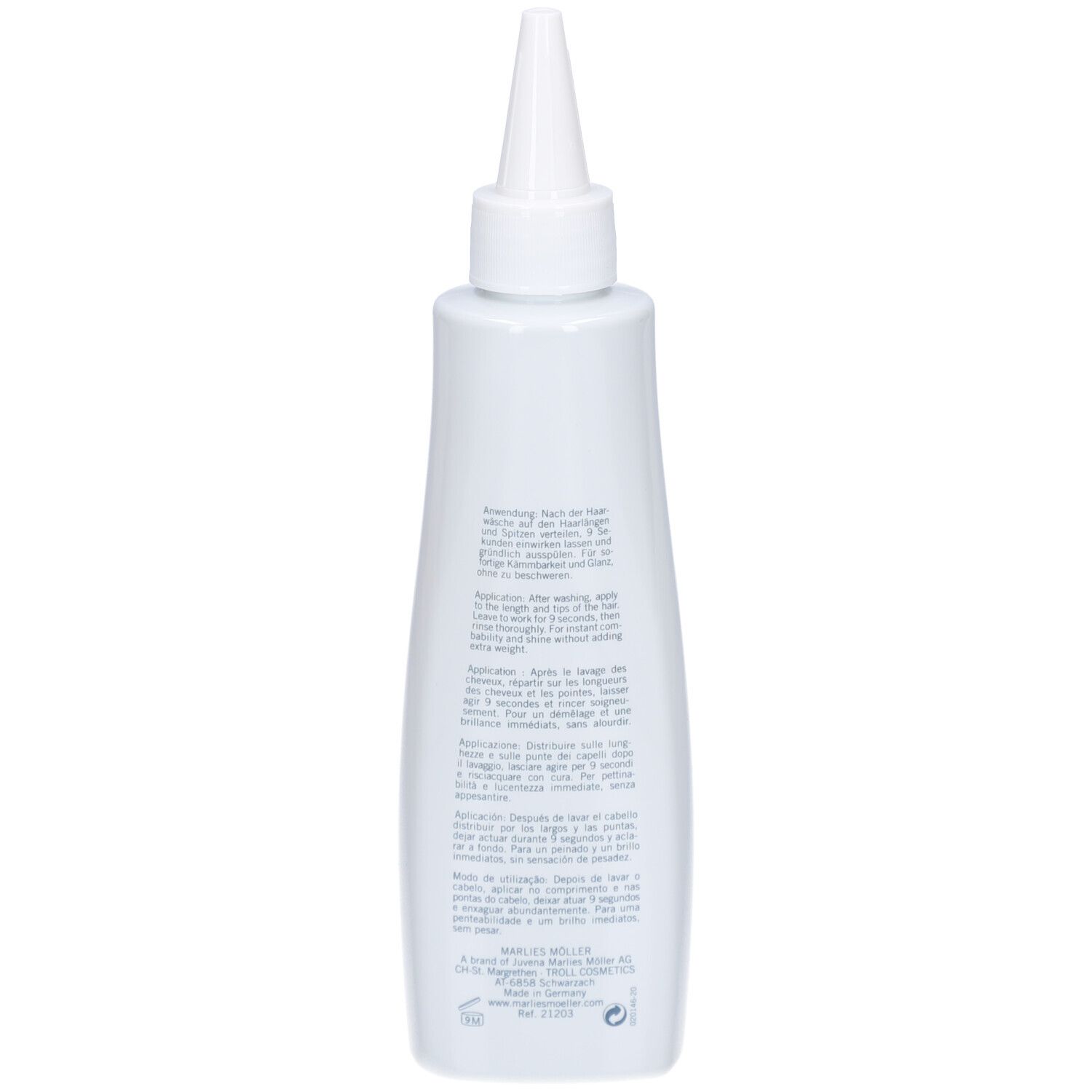 Retro del flacone bianco. Testo multilingue. Nome del prodotto: Marlies Möller, Lamellar Repair Essence.