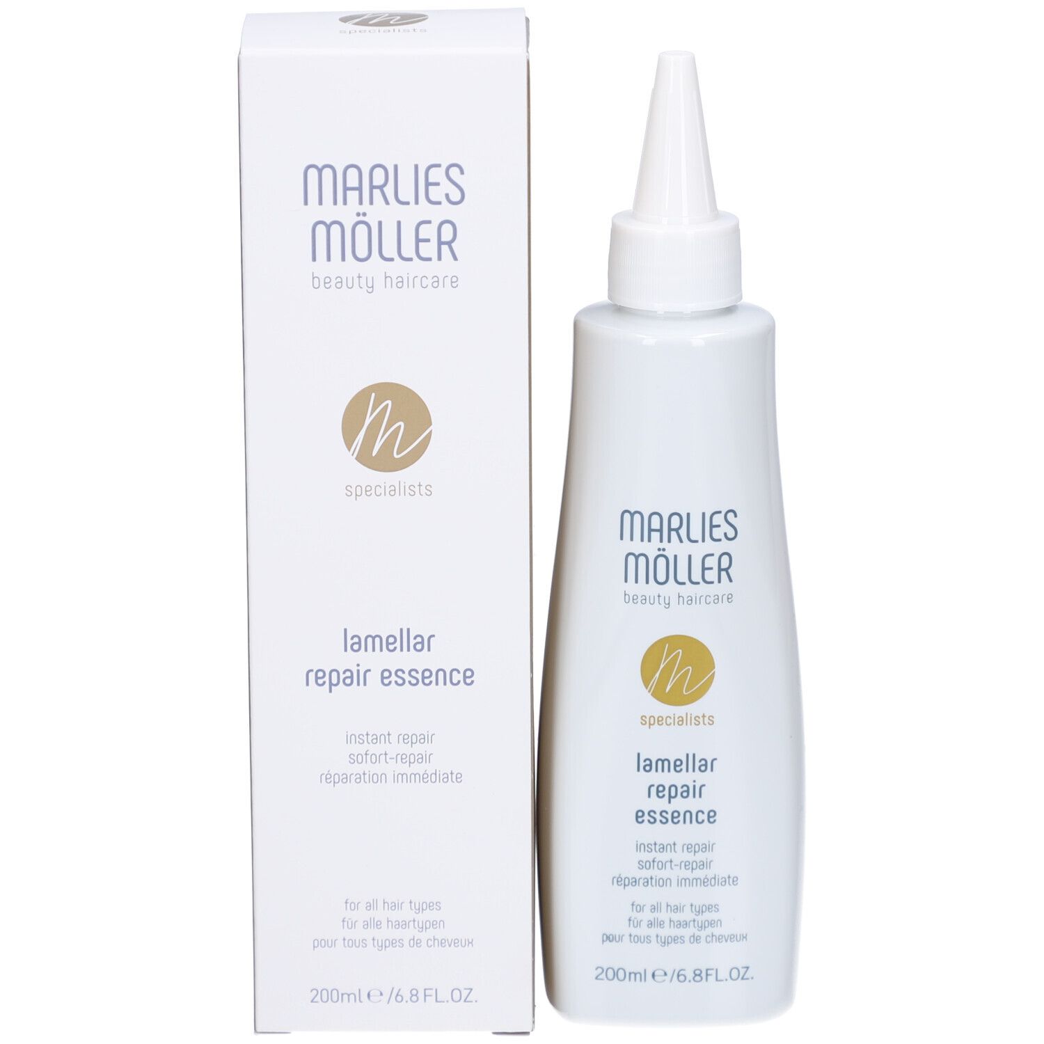 Prodotto con confezione. Flacone bianco e scatola rettangolare. Scritta: Marlies Möller, Lamellar Repair Essence.