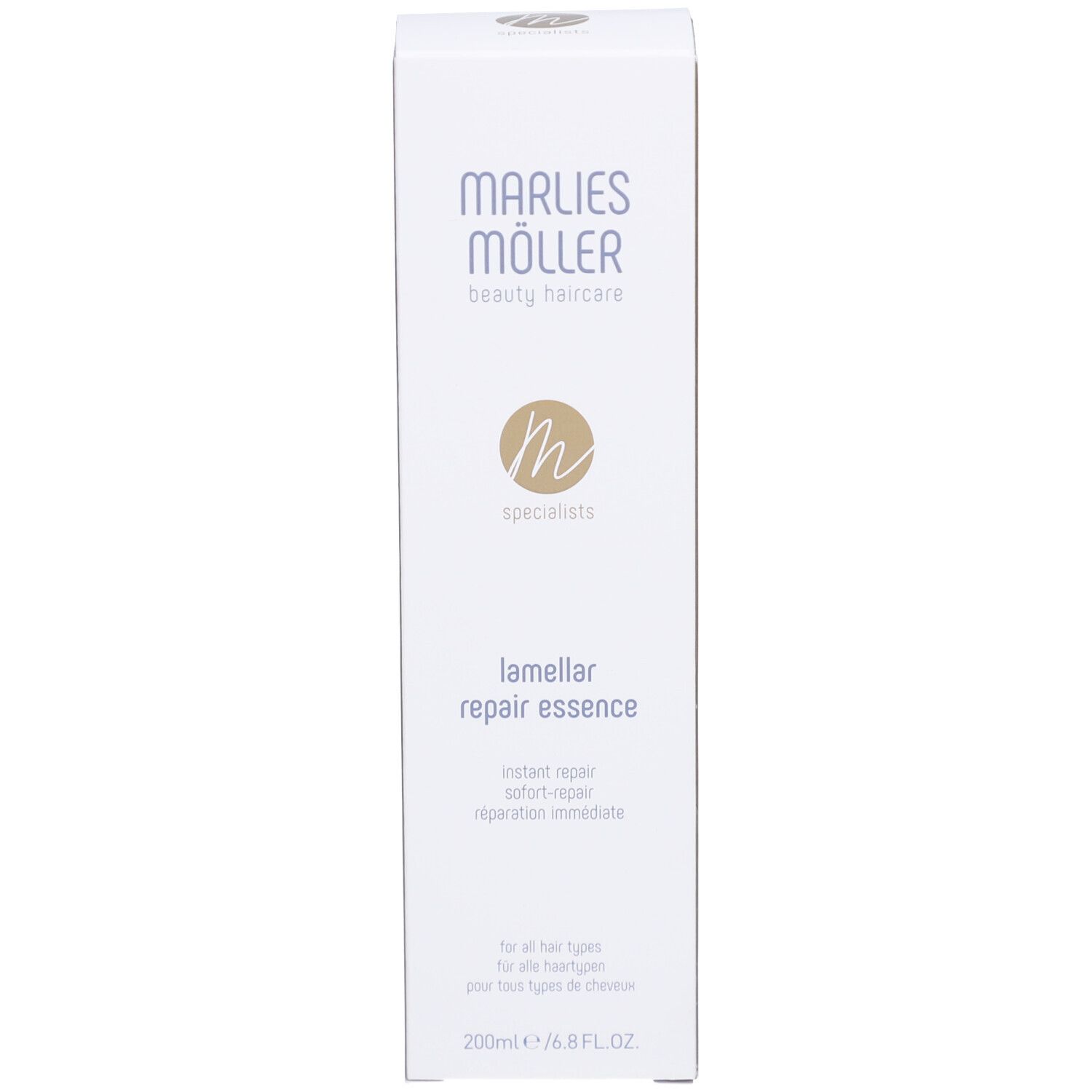 Scatola rettangolare bianca. Scritta: Marlies Möller, Lamellar Repair Essence. Per tutti i tipi di capelli. 200ml.
