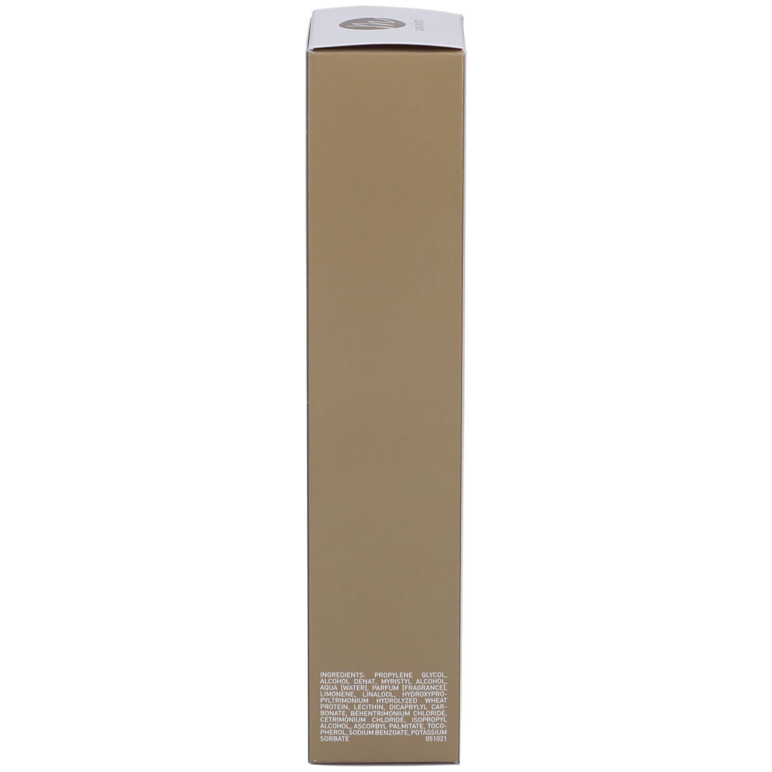 Lato marrone della scatola. Testo con ingredienti e informazioni. Nome del prodotto: Marlies Möller, Lamellar Repair Essence.