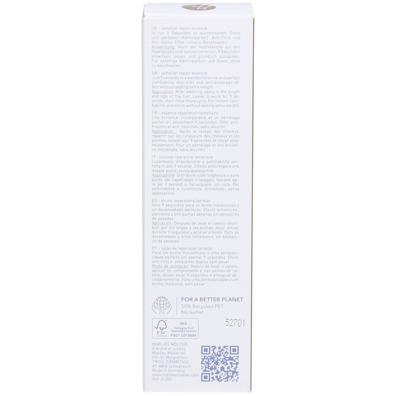 Retro della scatola. Testo multilingue. Nome del prodotto: Marlies Möller, Lamellar Repair Essence.