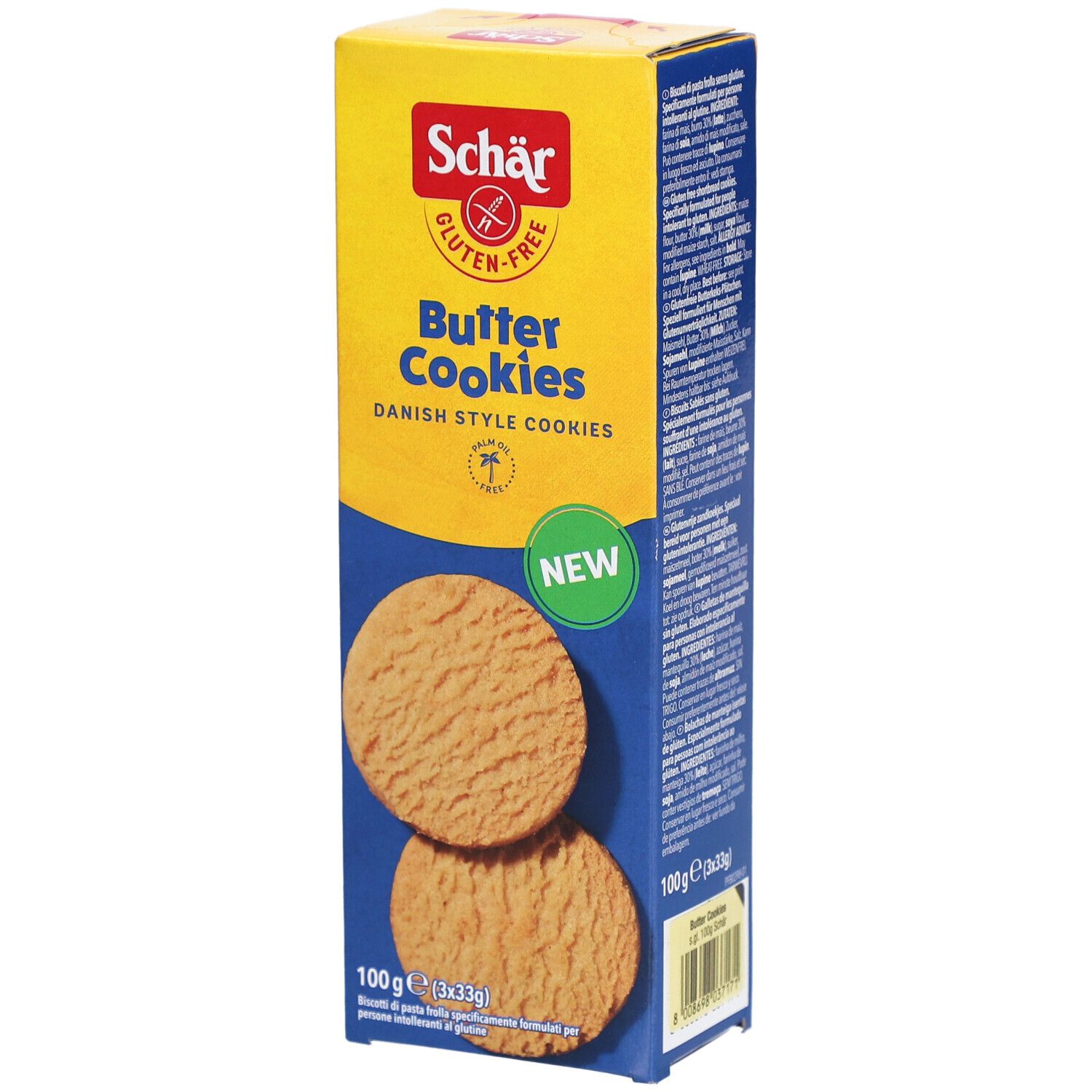 Scatola di biscotti al burro senza glutine. Scritte: Schär, Butter Cookies, senza glutine, NEW. Immagine di due biscotti.