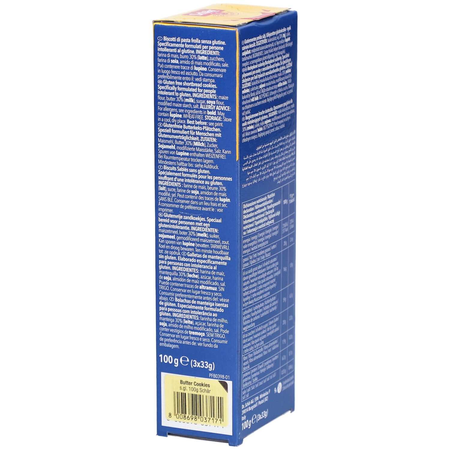Vista laterale della scatola di biscotti al burro senza glutine. Scritte: elenco ingredienti, Schär, Butter Cookies.