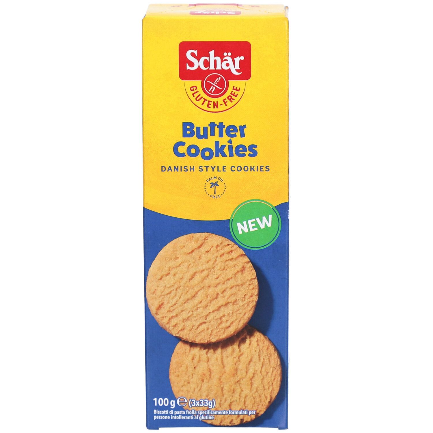 Scatola di biscotti al burro senza glutine. Scritte: Schär, Butter Cookies, senza glutine, NEW. Immagine di due biscotti.
