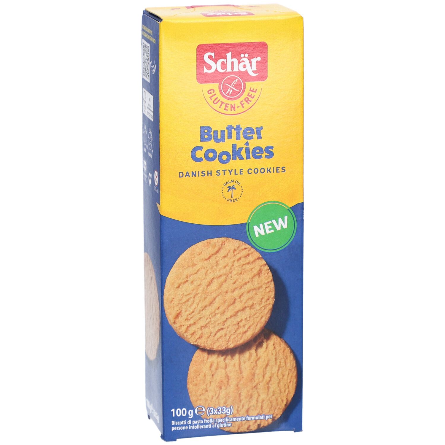 Scatola di biscotti al burro senza glutine. Scritte: Schär, Butter Cookies, senza glutine, NEW. Immagine di due biscotti.