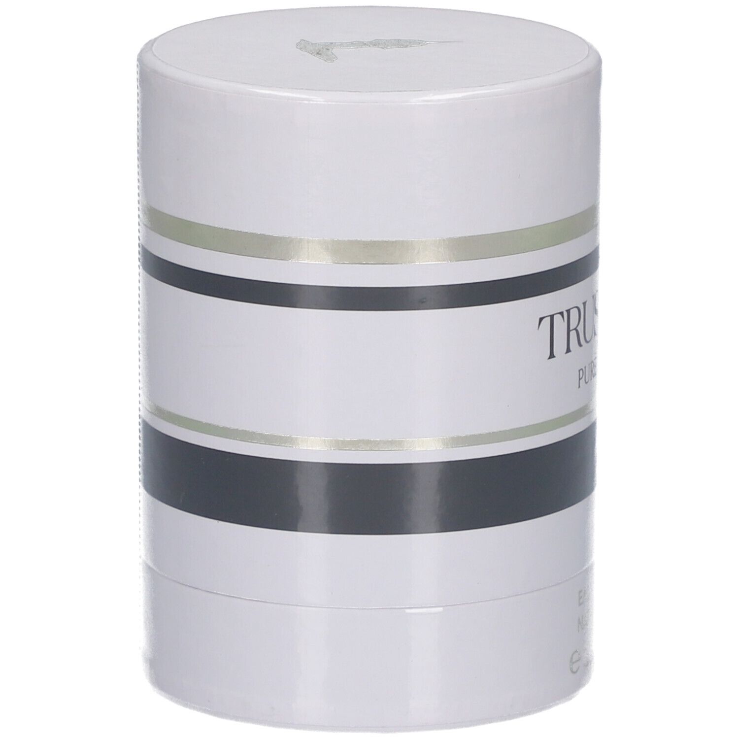 Confezione cilindrica bianca con strisce nere e dorate. Scritta: TRUSSARDI PURE JASMINE. 30ml.