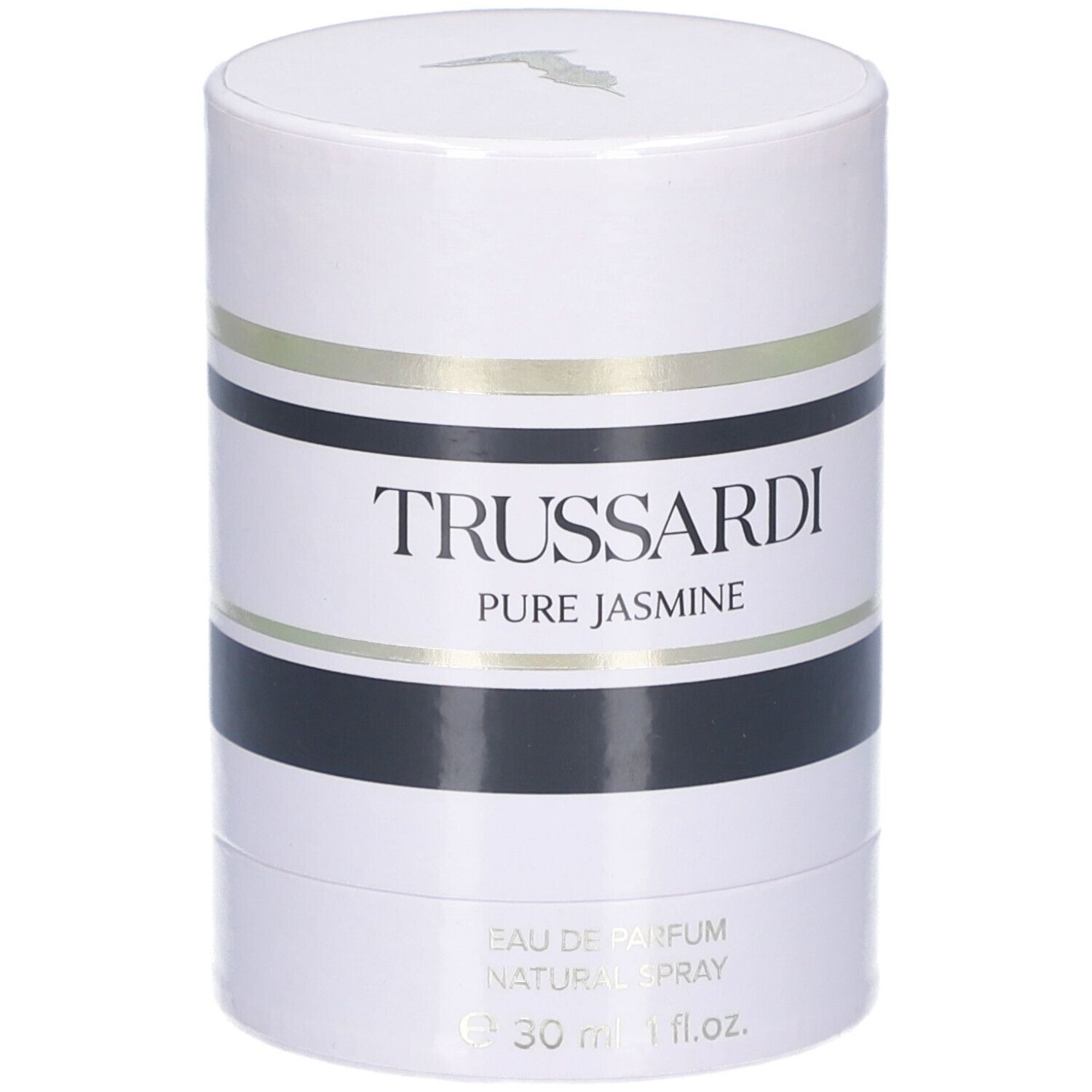 Confezione cilindrica bianca con strisce nere e dorate. Scritta: TRUSSARDI PURE JASMINE. 30ml.