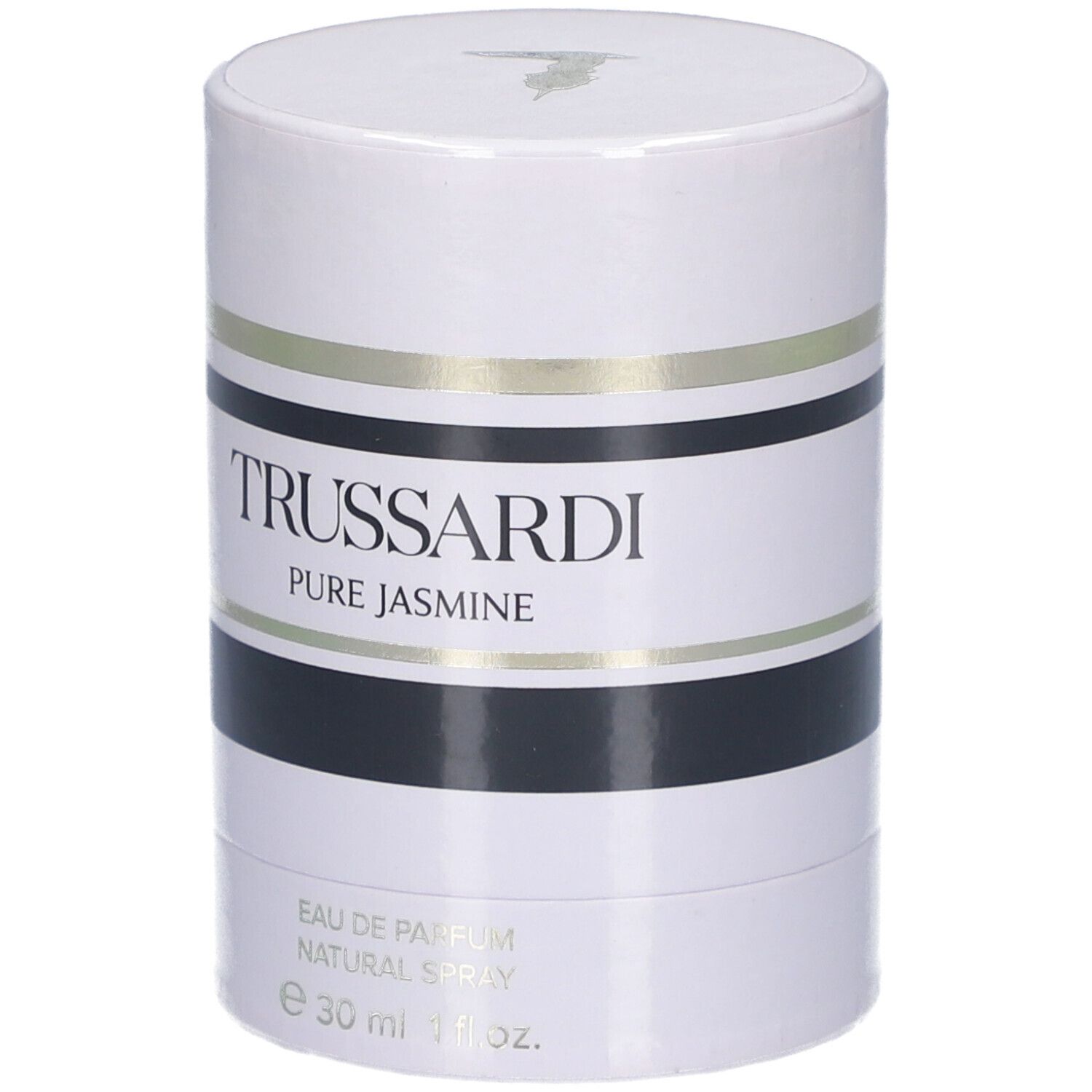 Confezione cilindrica bianca con strisce nere e dorate. Scritta: TRUSSARDI PURE JASMINE. 30ml.
