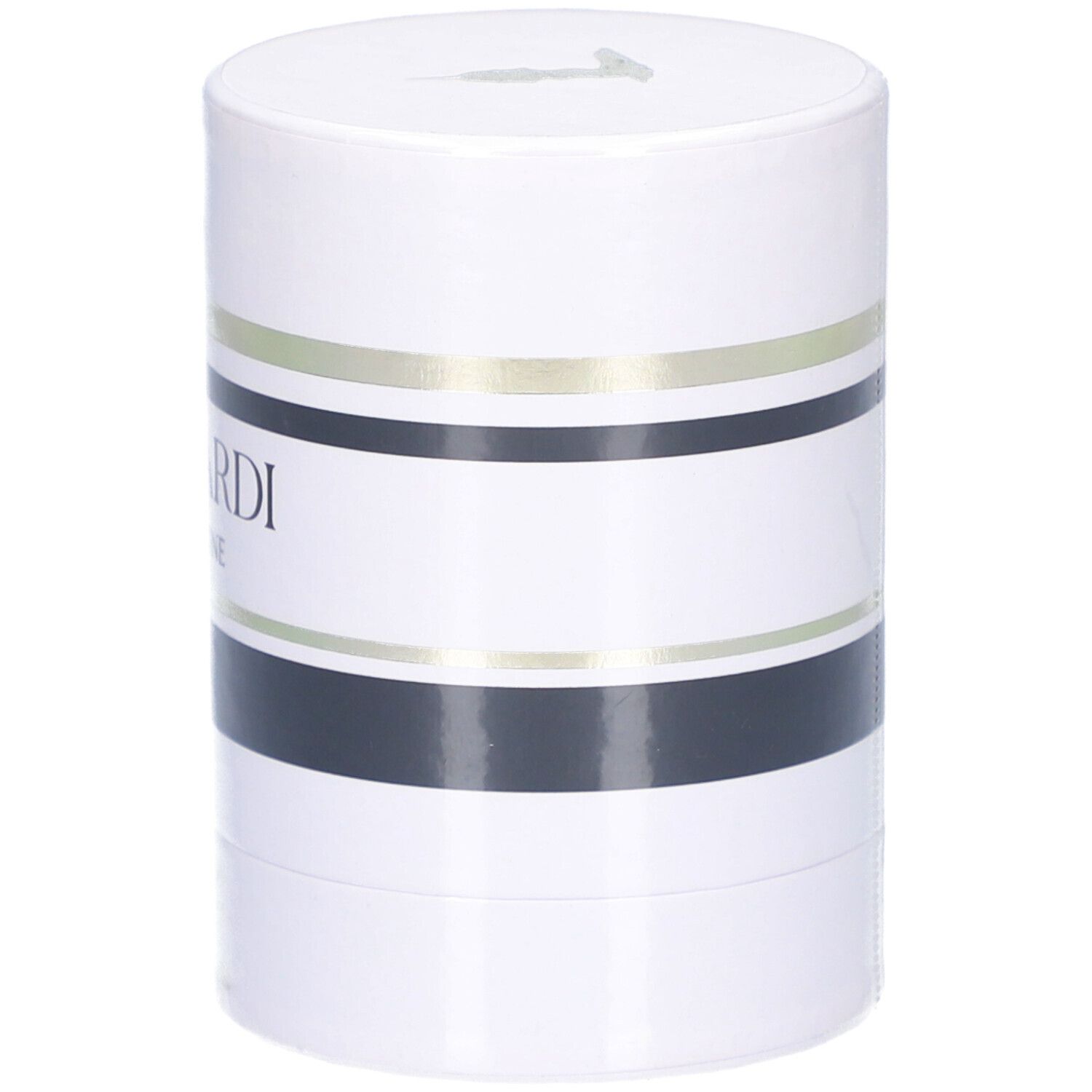 Confezione cilindrica bianca con strisce nere e dorate. Scritta: TRUSSARDI PURE JASMINE. 30ml.
