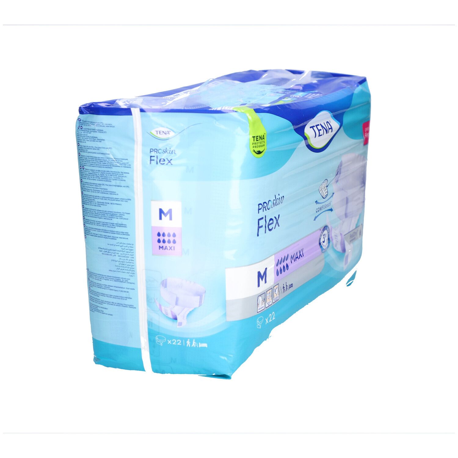 Confezione TENA ProSkin Flex Super. Taglia M, Maxi. Confezione blu con informazioni sul prodotto.
