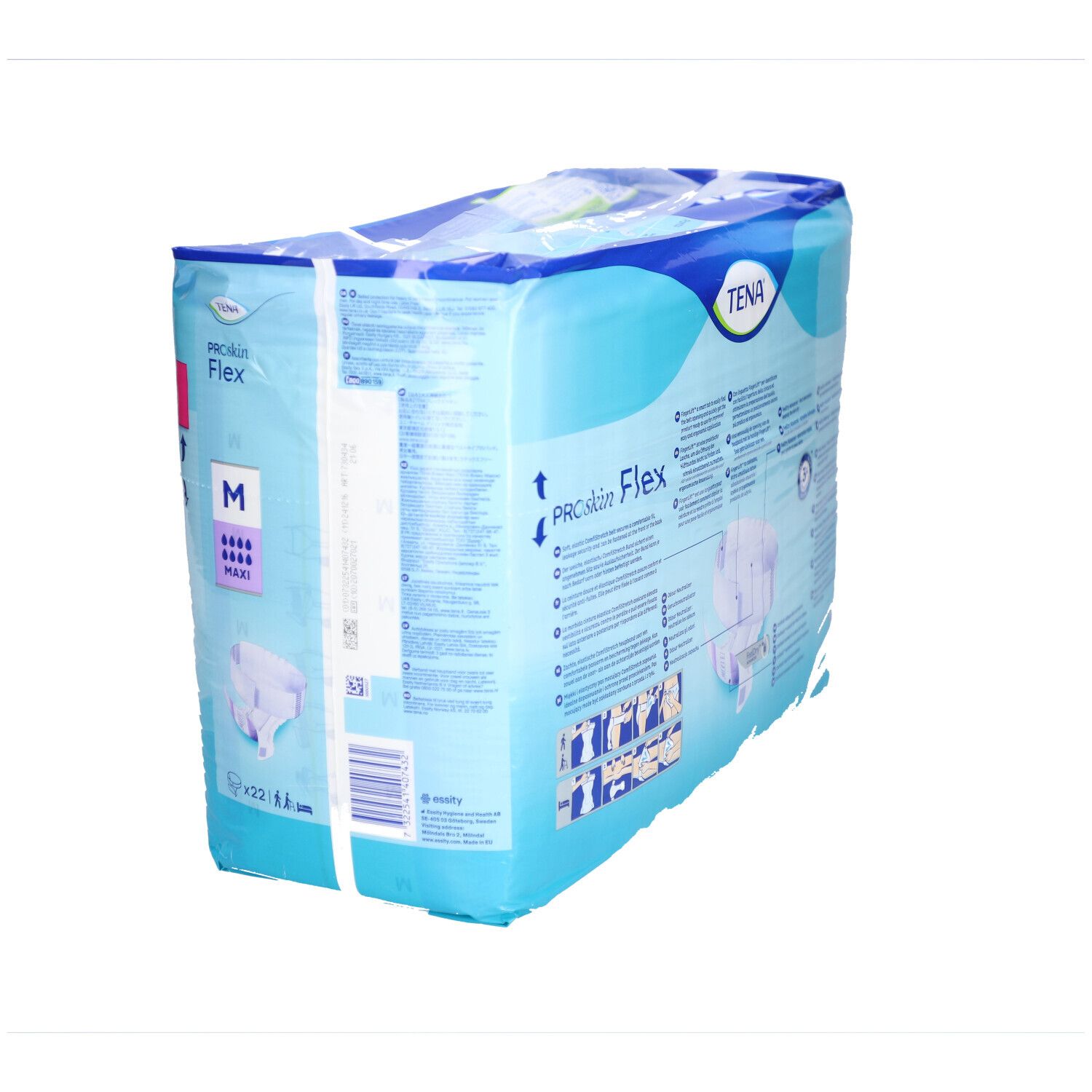 Confezione TENA ProSkin Flex. Taglia M, Maxi. Confezione blu con informazioni sul prodotto.