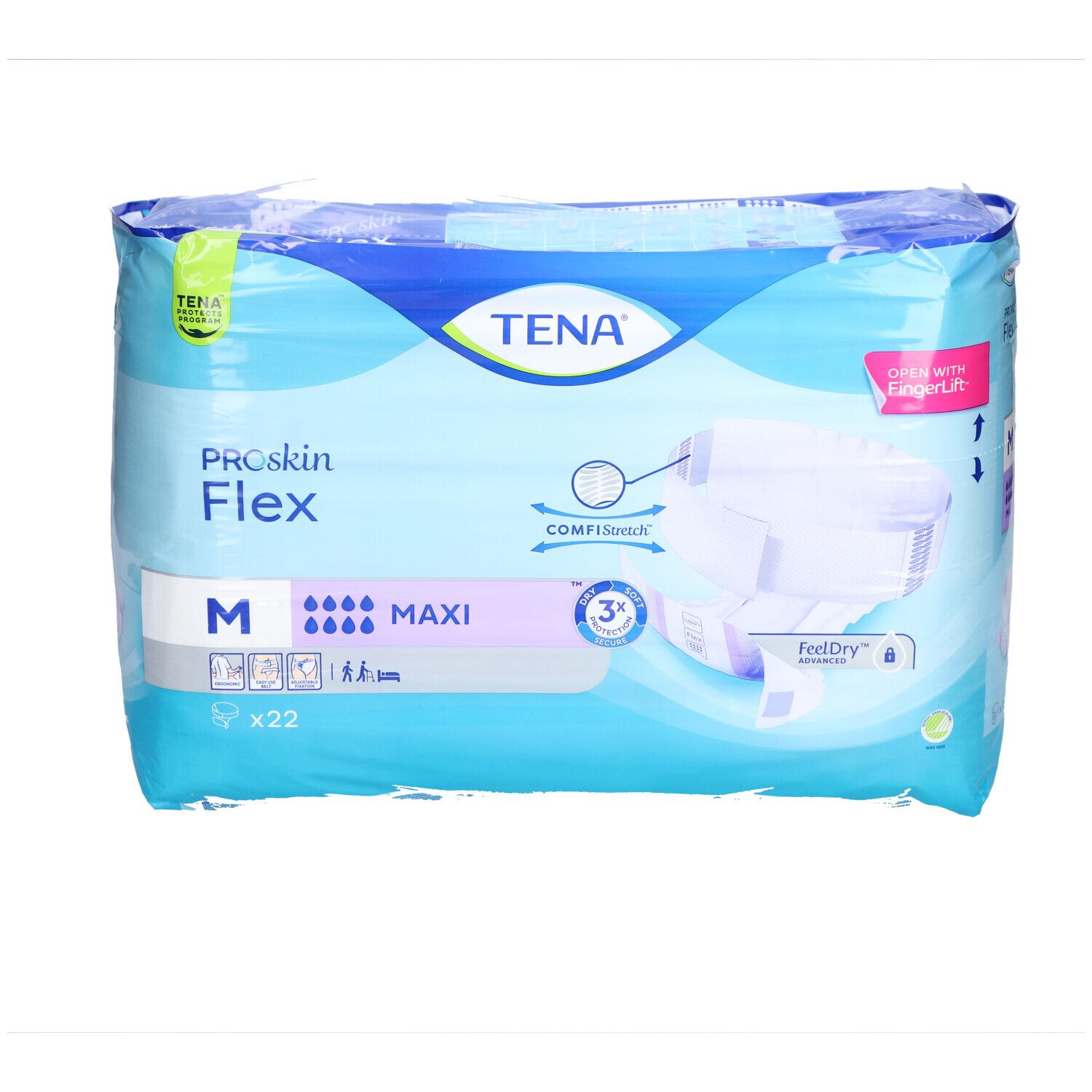 Confezione TENA ProSkin Flex Super. Taglia M, Maxi. Contiene 22 pezzi. Confezione blu con informazioni sul prodotto.