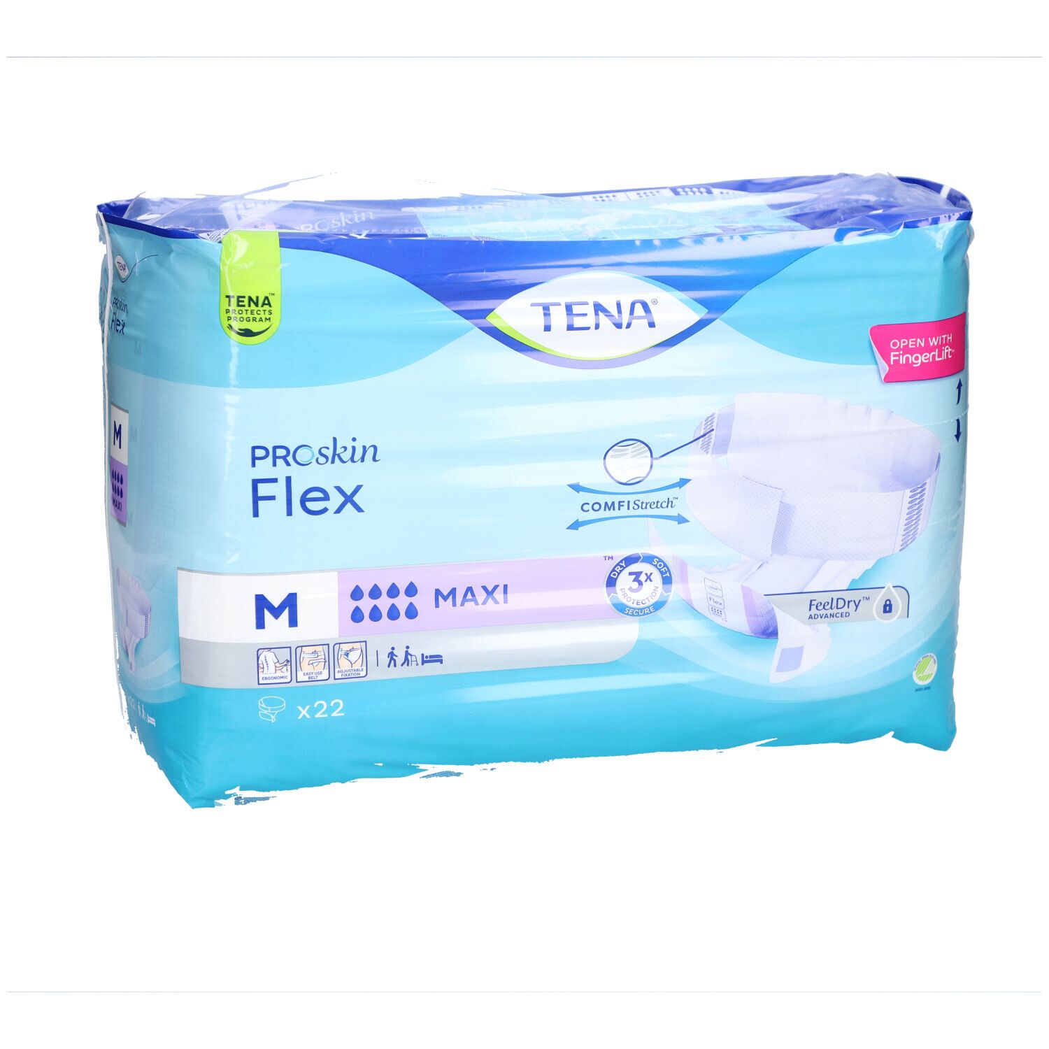 Confezione TENA ProSkin Flex Super. Taglia M, Maxi. Contiene 22 pezzi. Confezione blu con informazioni sul prodotto.