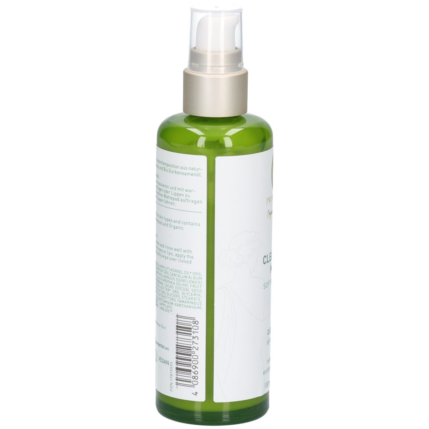 Flacone spray verde con etichetta bianca che elenca ingredienti e informazioni sul prodotto.