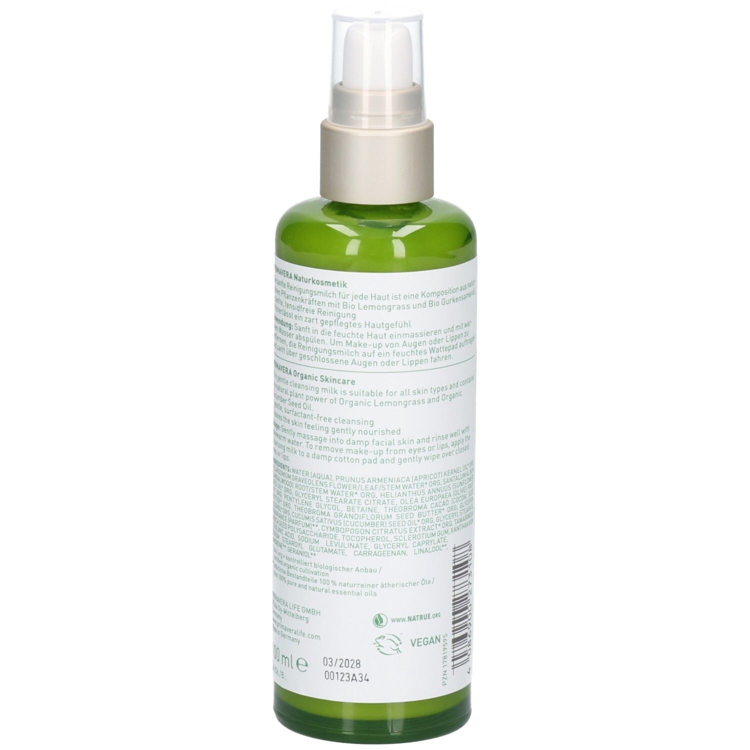 Flacone verde con dispenser a pompa, contiene latte detergente. Etichetta con ingredienti e sigilli.