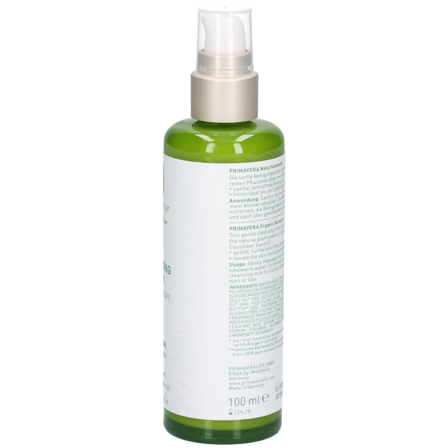Flacone verde con erogatore a pompa, 100 ml, Latte detergente biologico Primavera.