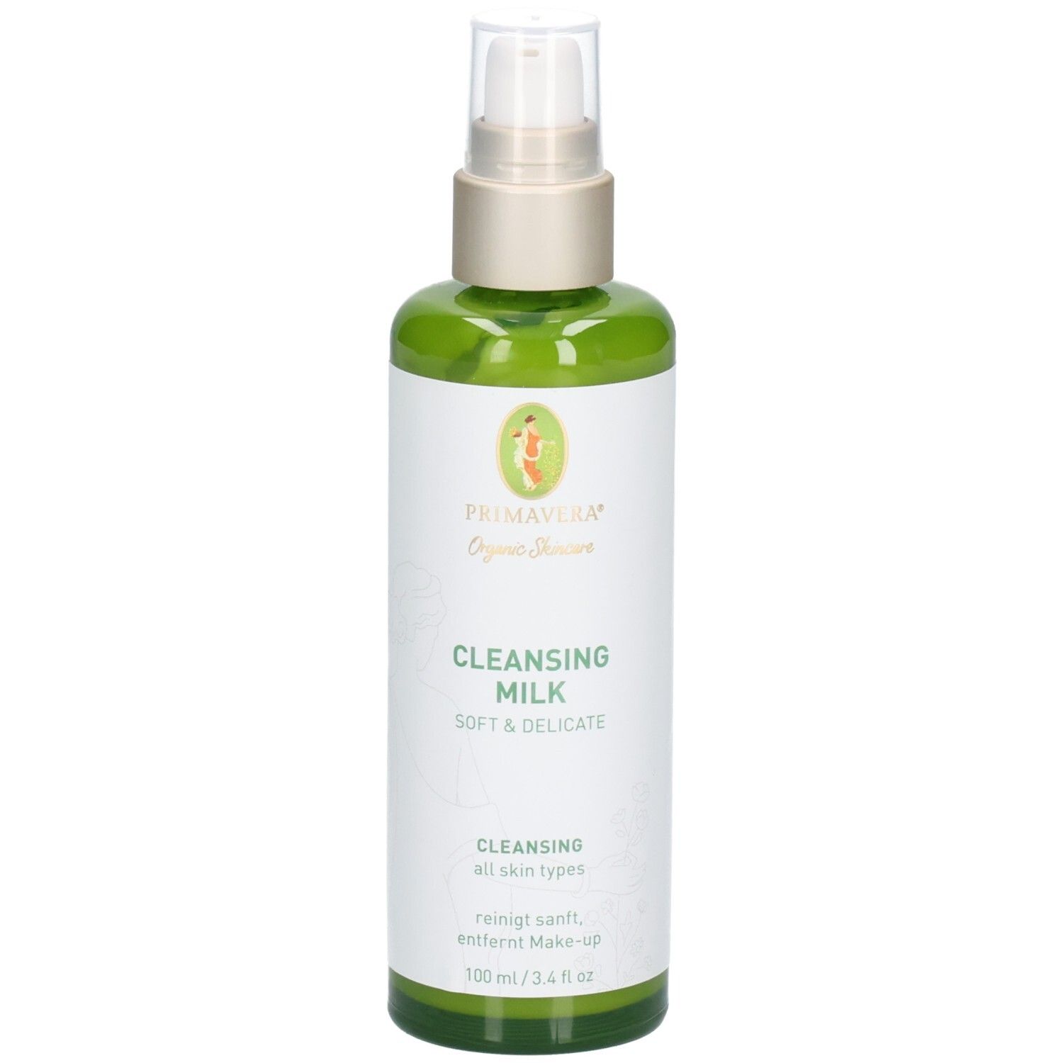 Flacone verde con dispenser a pompa, 100 ml, Latte detergente Primavera.