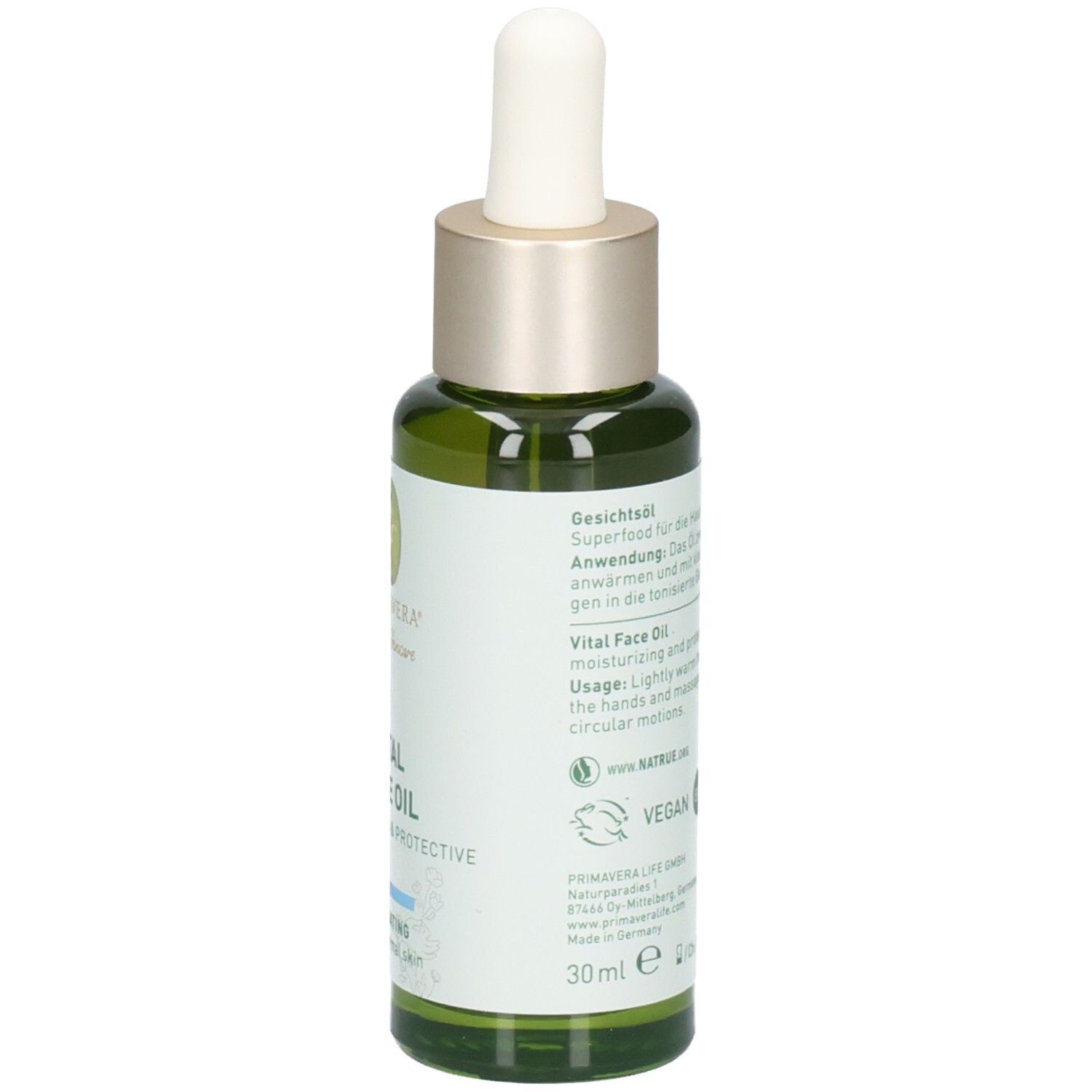 Vista laterale di un flacone in vetro verde con contagocce, etichetta con sigillo "VEGAN BIO" e contenuto 30ml.