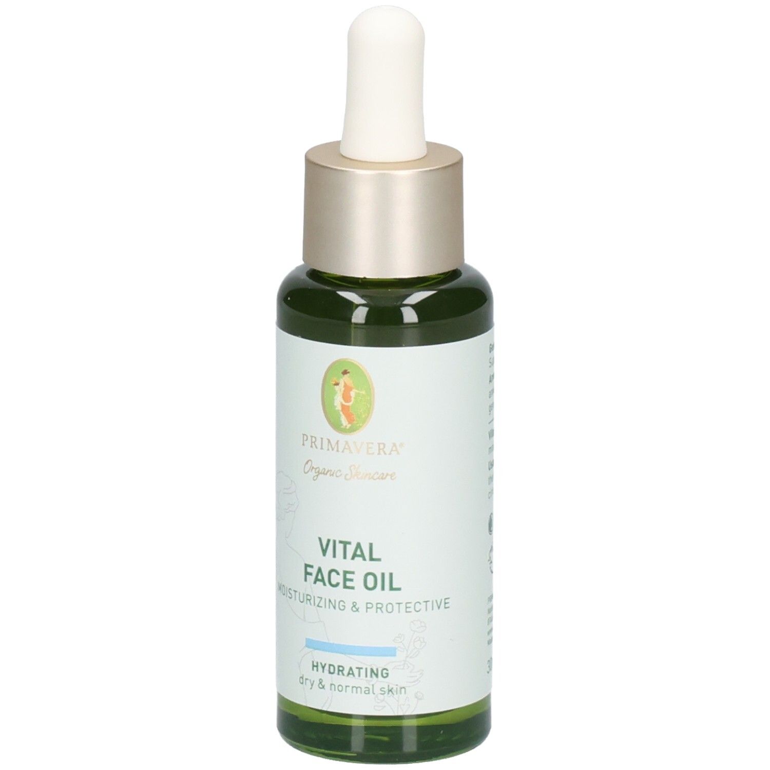 Flacone in vetro verde con contagocce, etichetta "VITAL FACE OIL" e "PRIMAVERA Organic Skincare".